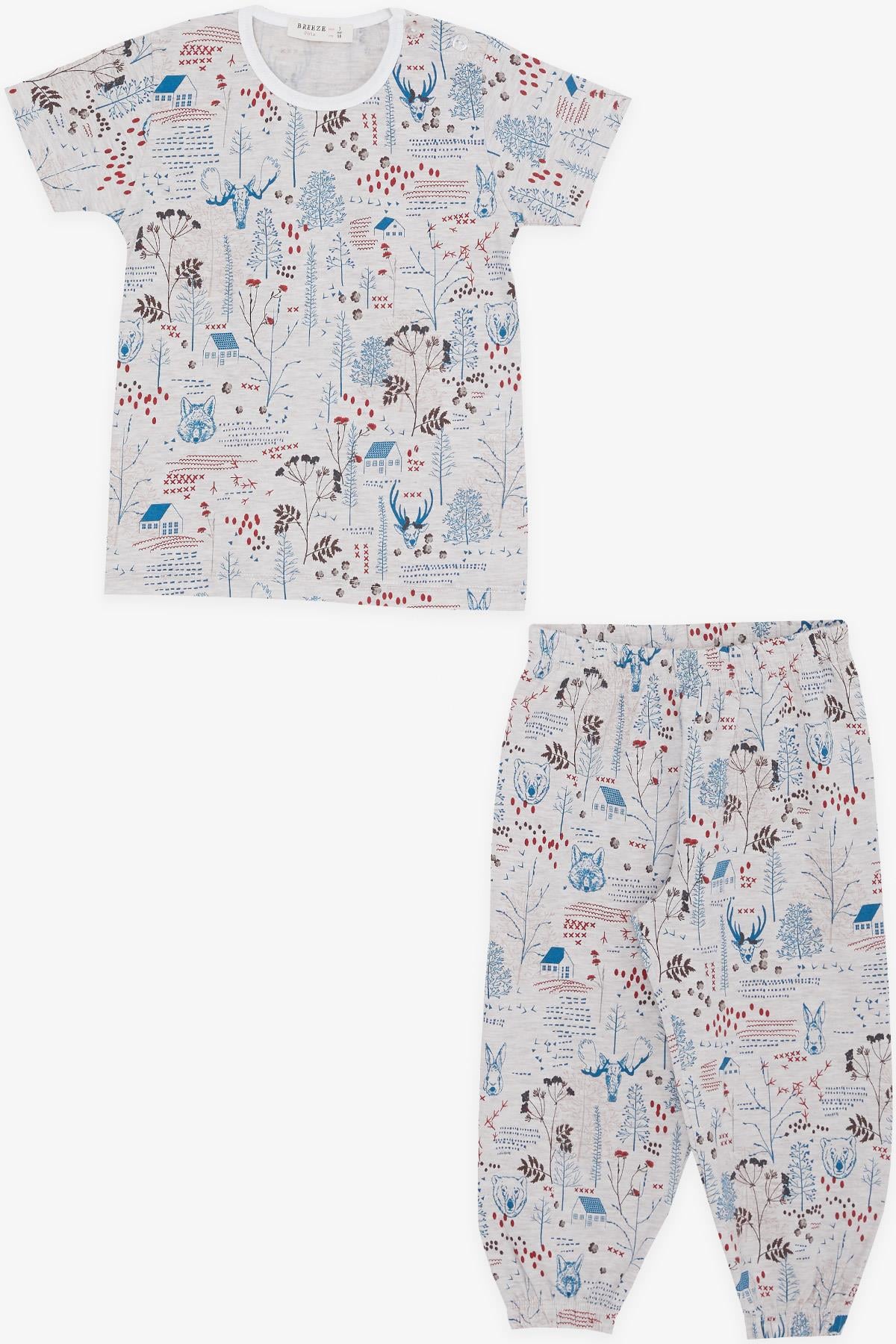 Breeze Kız Bebek Kısa Kollu Pijama Takımı Doğa Temalı Hayvancık Desenli Bej Melanj (9 Ay-3 Yaş)