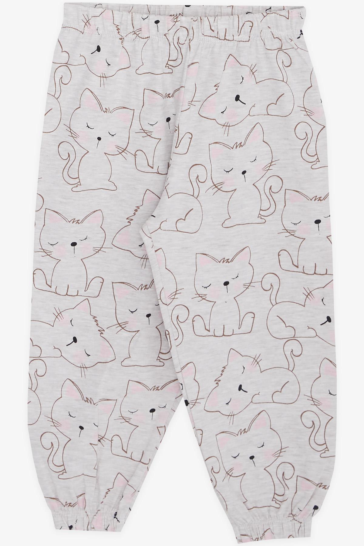 Breeze Kız Bebek Kısa Kollu Pijama Takımı Uykucu Kedicik Desenli Bej Melanj (9 Ay-3 Yaş)
