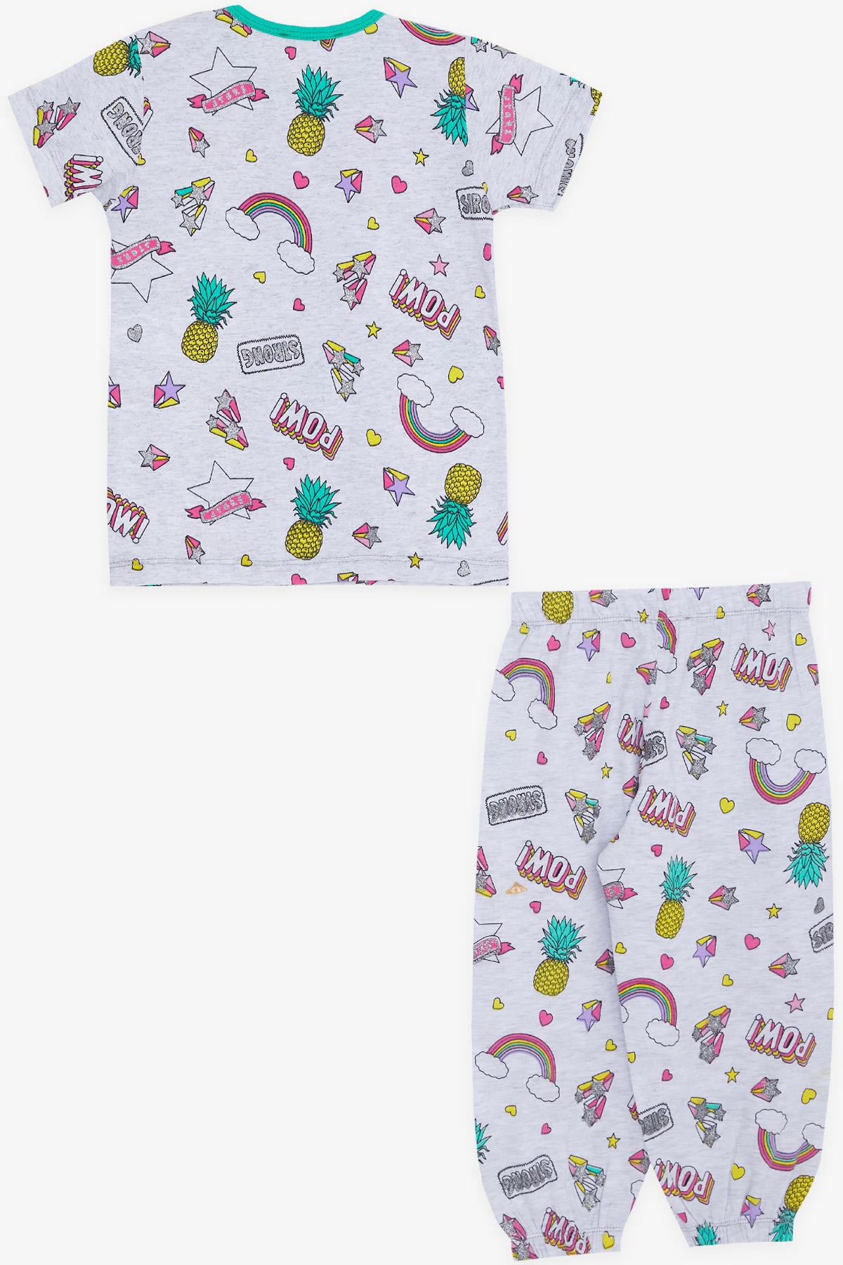 Breeze Kız Bebek Kısa Kollu Pijama Takımı Gökyüzü Temalı Ananas Desenli Açık Gri Melanj (9 Ay-3 Yaş)
