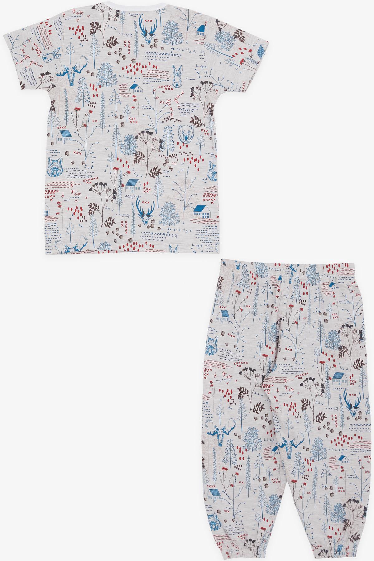 Breeze Kız Bebek Kısa Kollu Pijama Takımı Doğa Temalı Hayvancık Desenli Bej Melanj (9 Ay-3 Yaş)