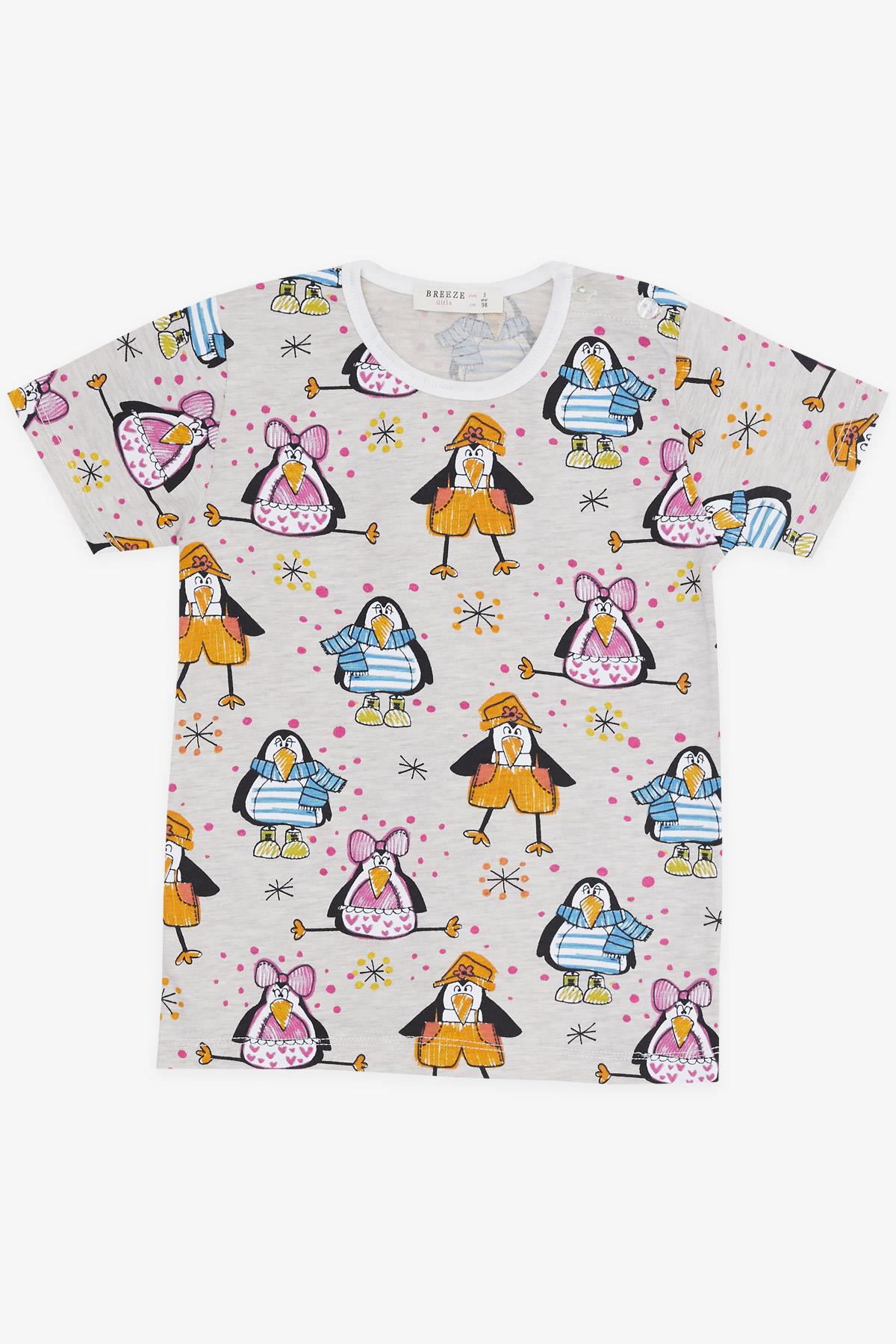 Breeze Kız Bebek Kısa Kollu Pijama Takımı Çılgın Penguen Desenli Bej Melanj (9 Ay-3 Yaş)
