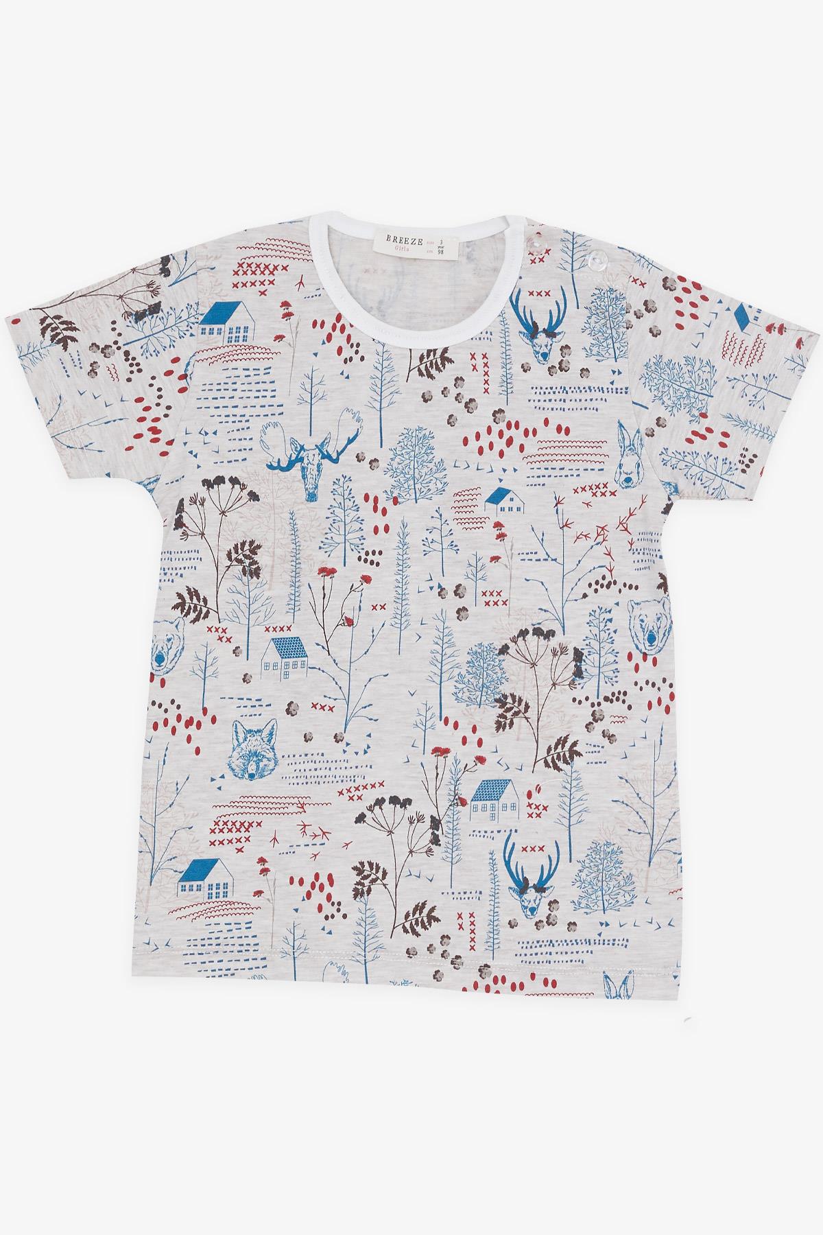 Breeze Kız Bebek Kısa Kollu Pijama Takımı Doğa Temalı Hayvancık Desenli Bej Melanj (9 Ay-3 Yaş)