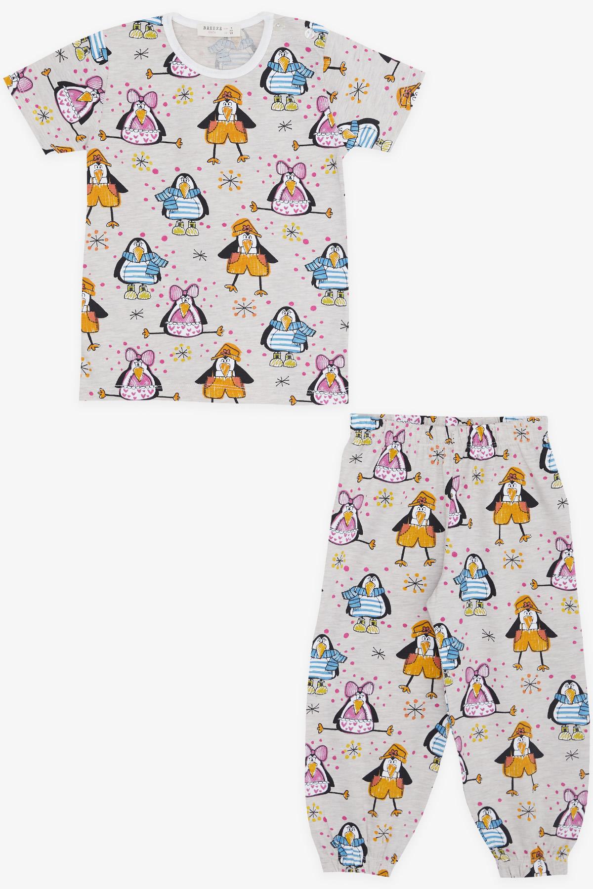 Breeze Kız Bebek Kısa Kollu Pijama Takımı Çılgın Penguen Desenli Bej Melanj (9 Ay-3 Yaş)