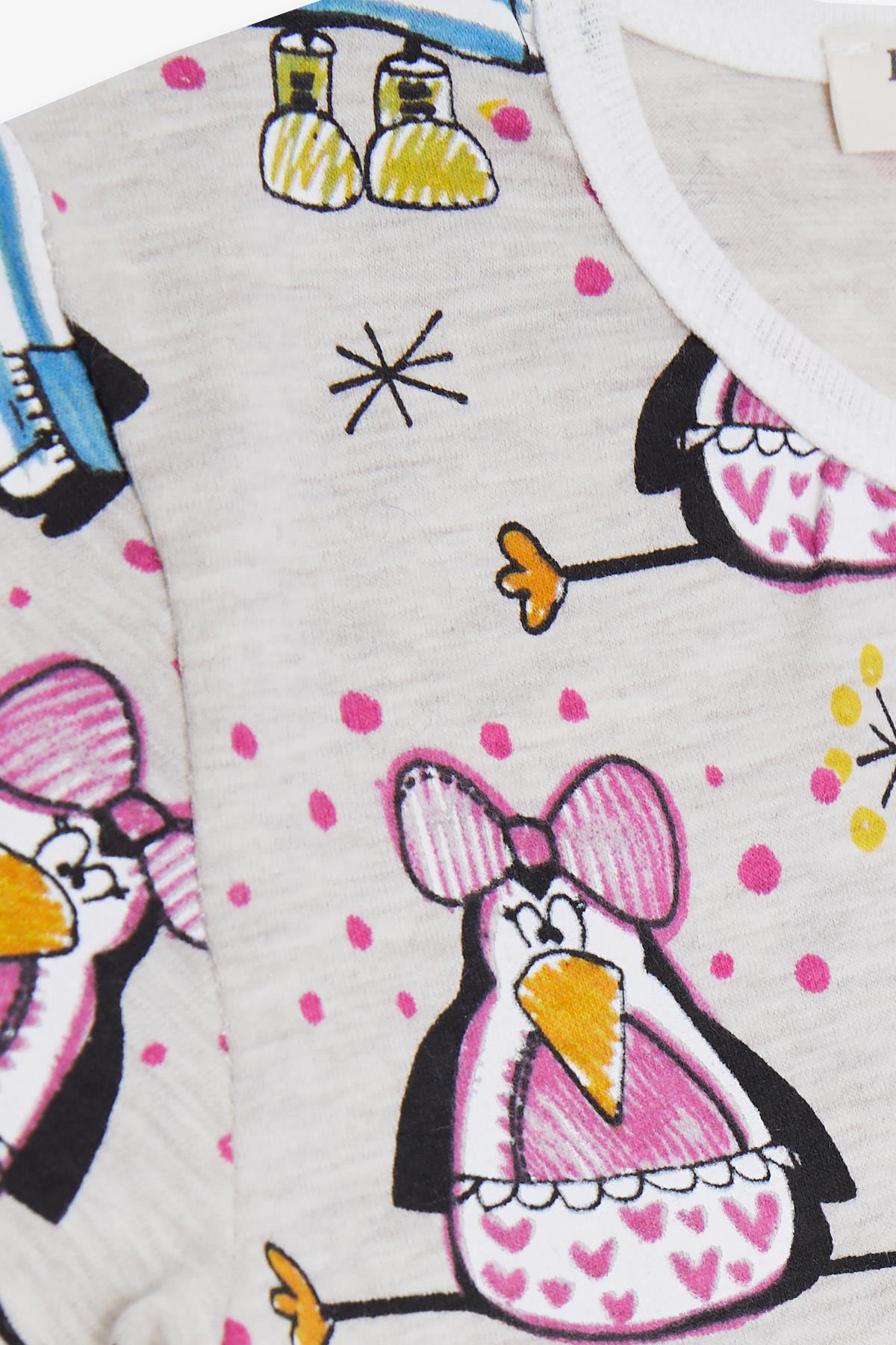 Breeze Kız Bebek Kısa Kollu Pijama Takımı Çılgın Penguen Desenli Bej Melanj (9 Ay-3 Yaş)