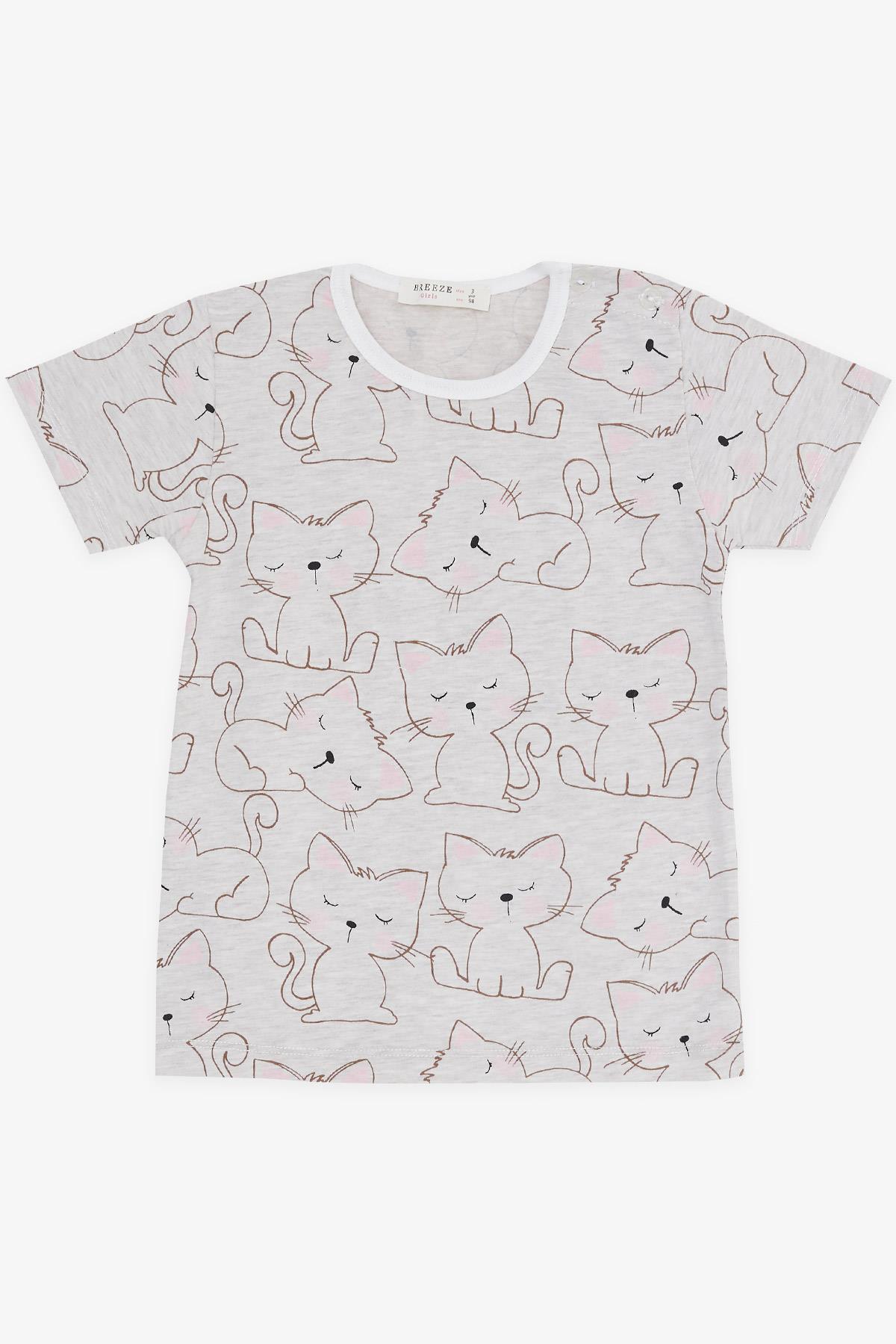 Breeze Kız Bebek Kısa Kollu Pijama Takımı Uykucu Kedicik Desenli Bej Melanj (9 Ay-3 Yaş)