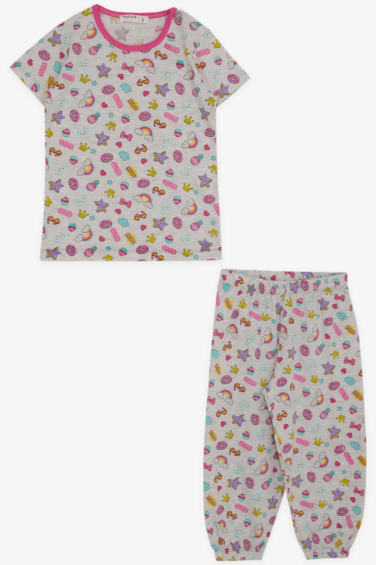 Breeze Kız Bebek Kısa Kollu Pijama Takımı Parti Temalı Bej Melanj (9 Ay-3 Yaş)