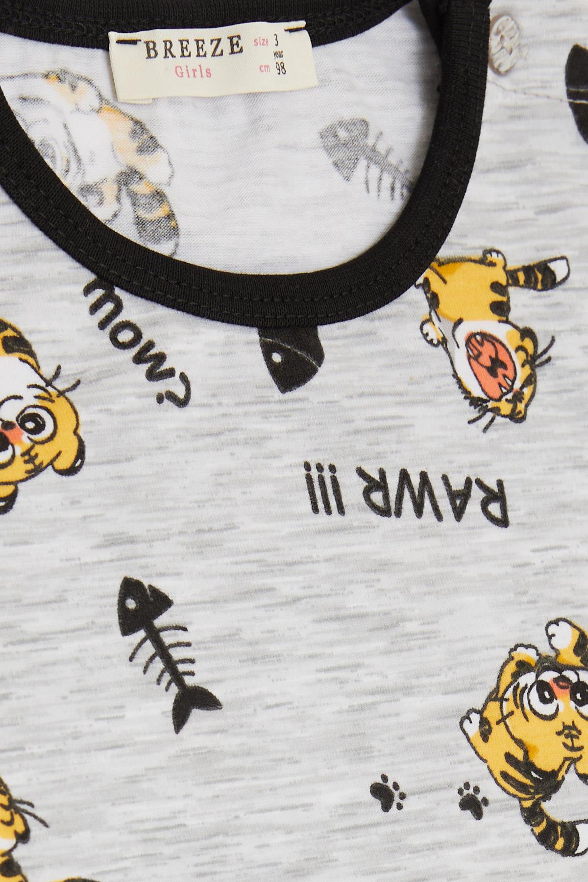 Breeze Kız Bebek Kısa Kollu Pijama Takımı Balık Avcısı Kedicik Desenli Gri Melanj (9 Ay-3 Yaş)