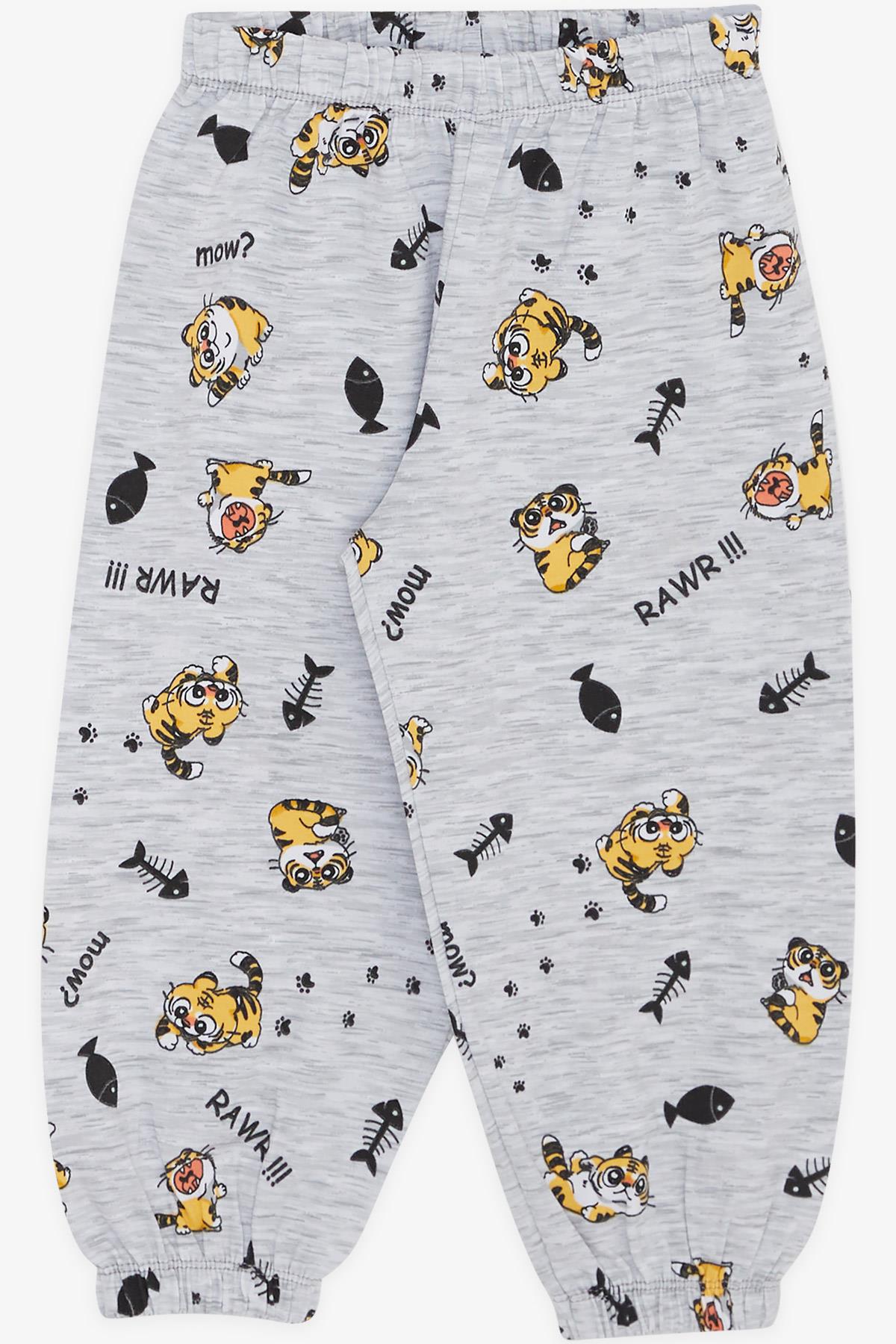 Breeze Kız Bebek Kısa Kollu Pijama Takımı Balık Avcısı Kedicik Desenli Gri Melanj (9 Ay-3 Yaş)