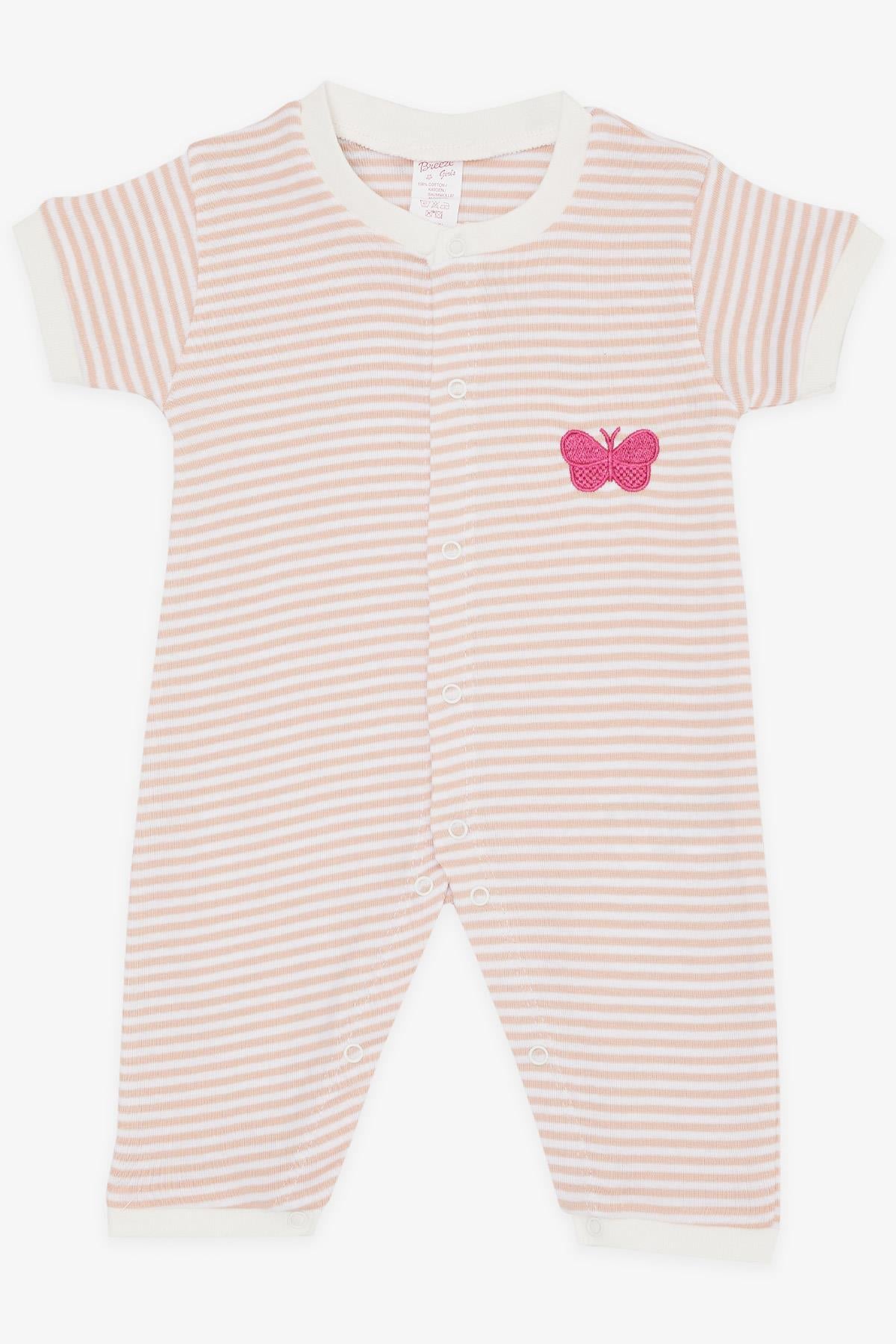 Breeze Kız Bebek Kısa Kollu Tulum Çizgili Kelebek Nakışlı Somon (0-3 Ay-6 Ay)