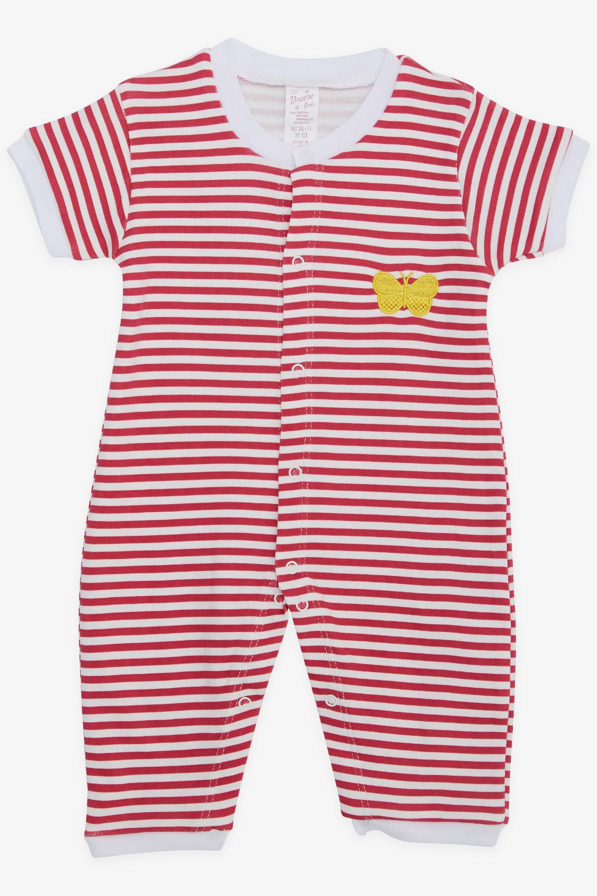 Breeze Kız Bebek Kısa Kollu Tulum Çizgili Kelebek Nakışlı Fuşya (0-6 Ay)