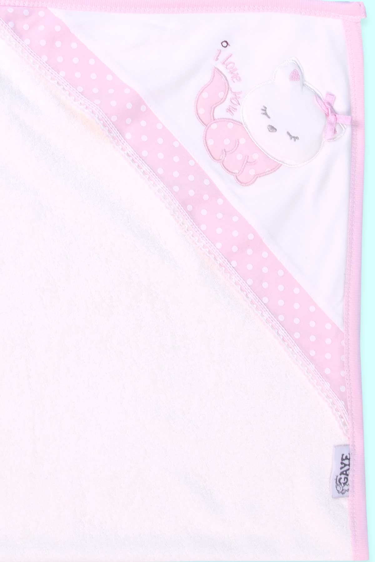 Breeze Kız Bebek Kurulama Banyo Havlusu Kedili Fiyonklu Pudra