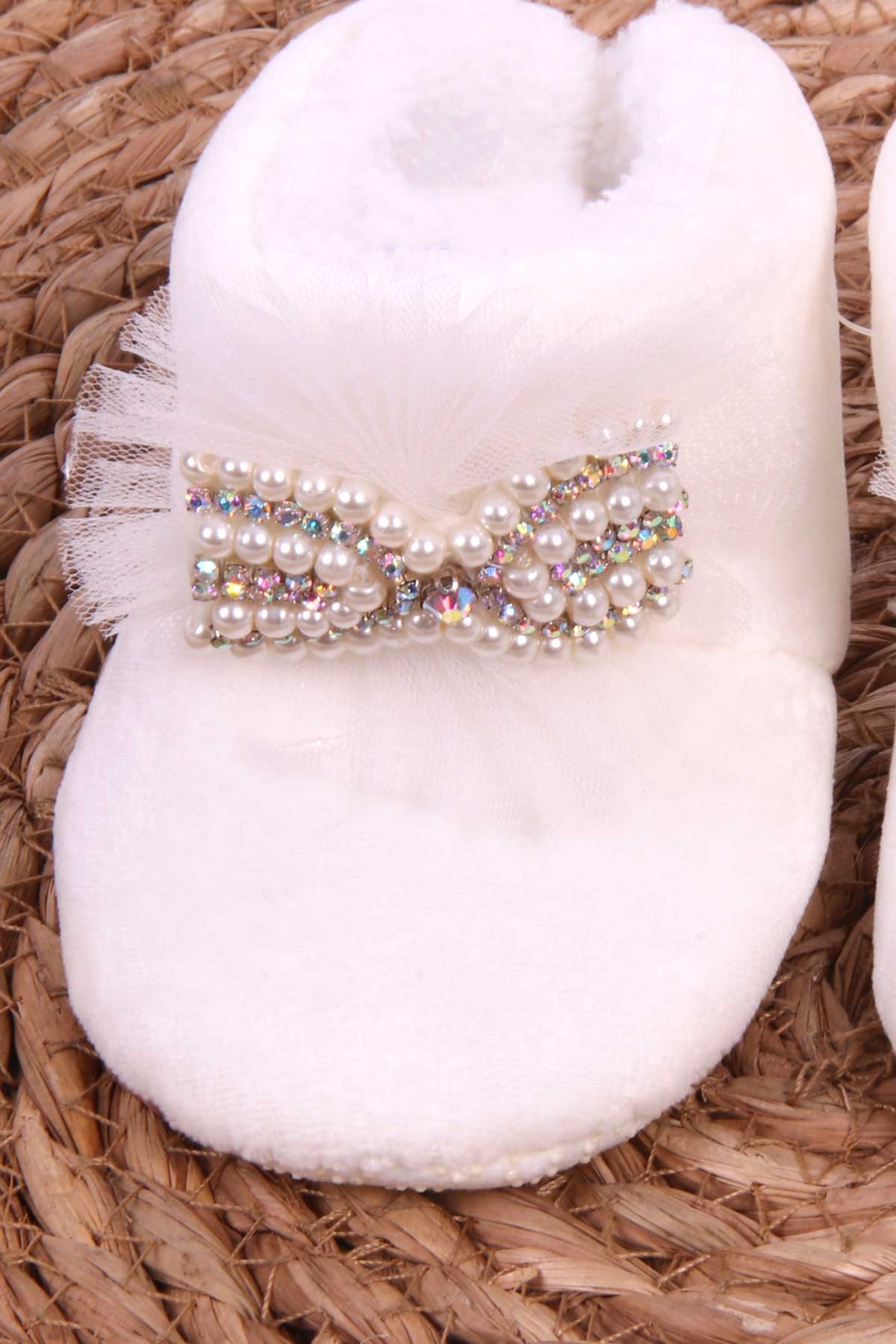 Breeze Kız Bebek Panduf Taşlı İncili Ekru (Yenidoğan)