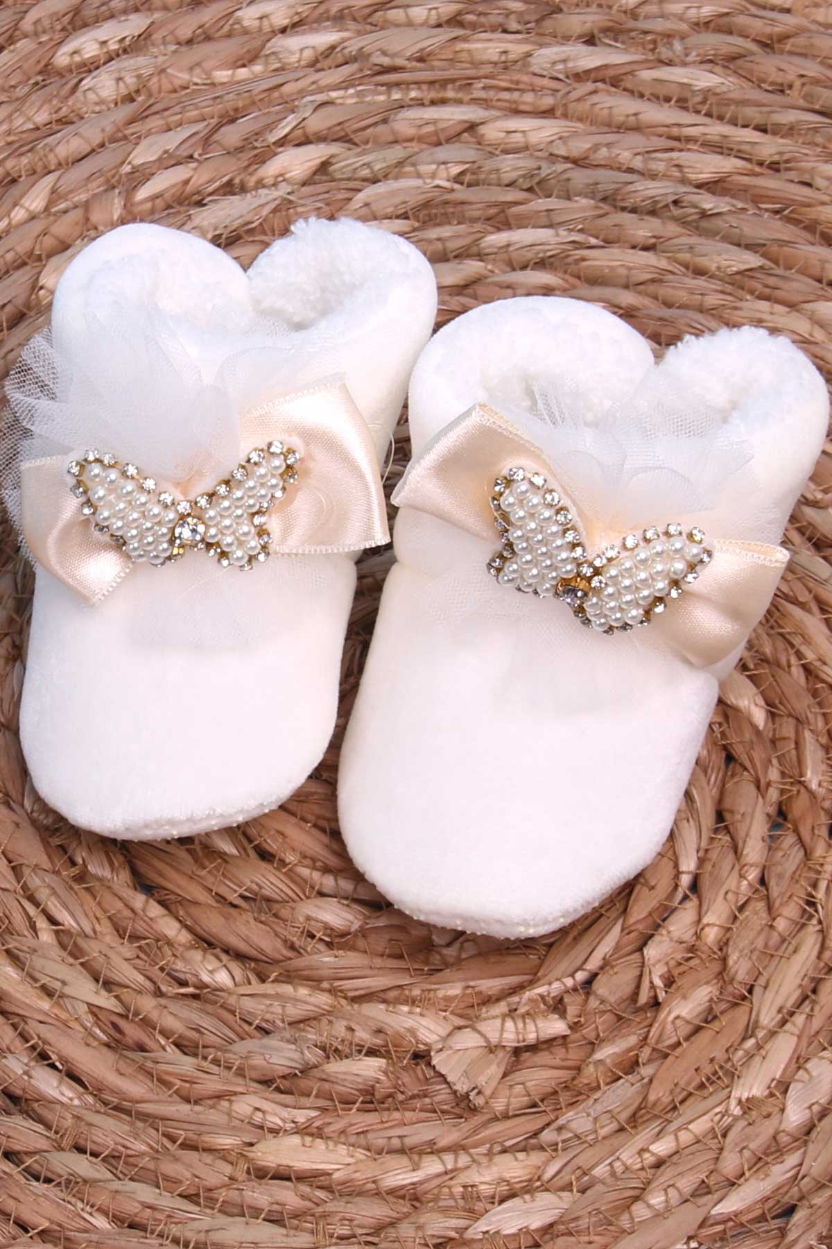 Breeze Kız Bebek Panduf Taşlı Kelebekli Ekru