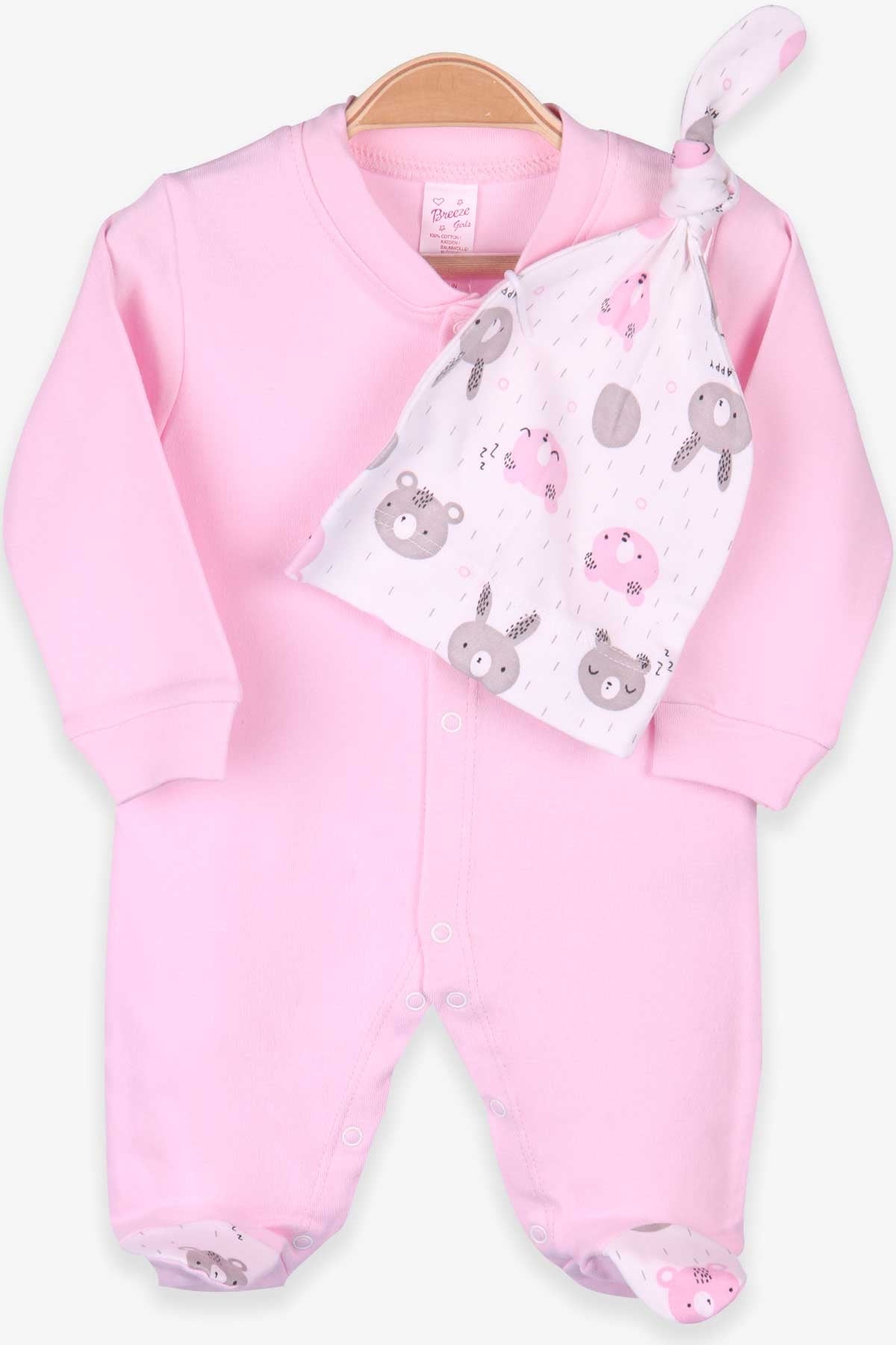 Breeze Kız Bebek Patikli Tulum Ayıcıklı Şapkalı Set Pudra (0-3 Ay-4 Ay)