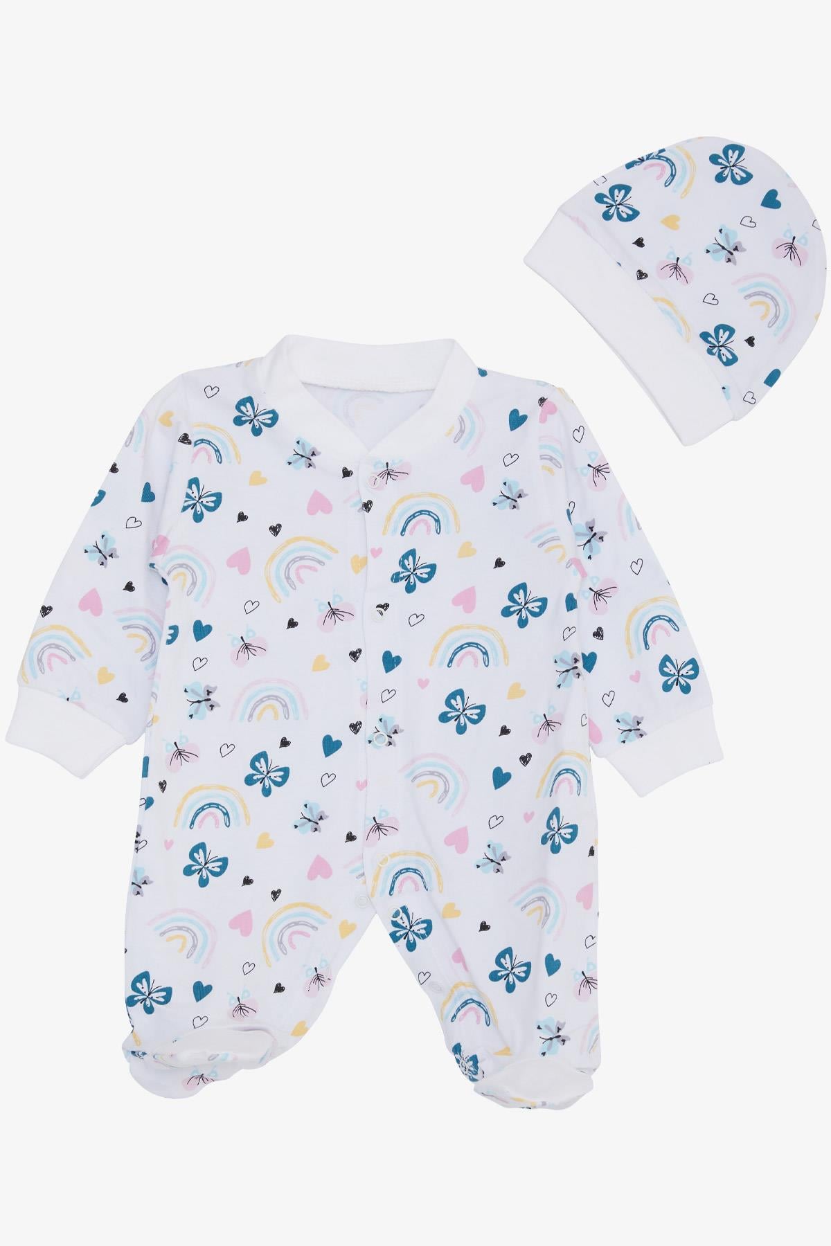 Breeze Kız Bebek Patikli Tulum Bahar Temalı Kelebek Desenli Beyaz (0-6 Ay)