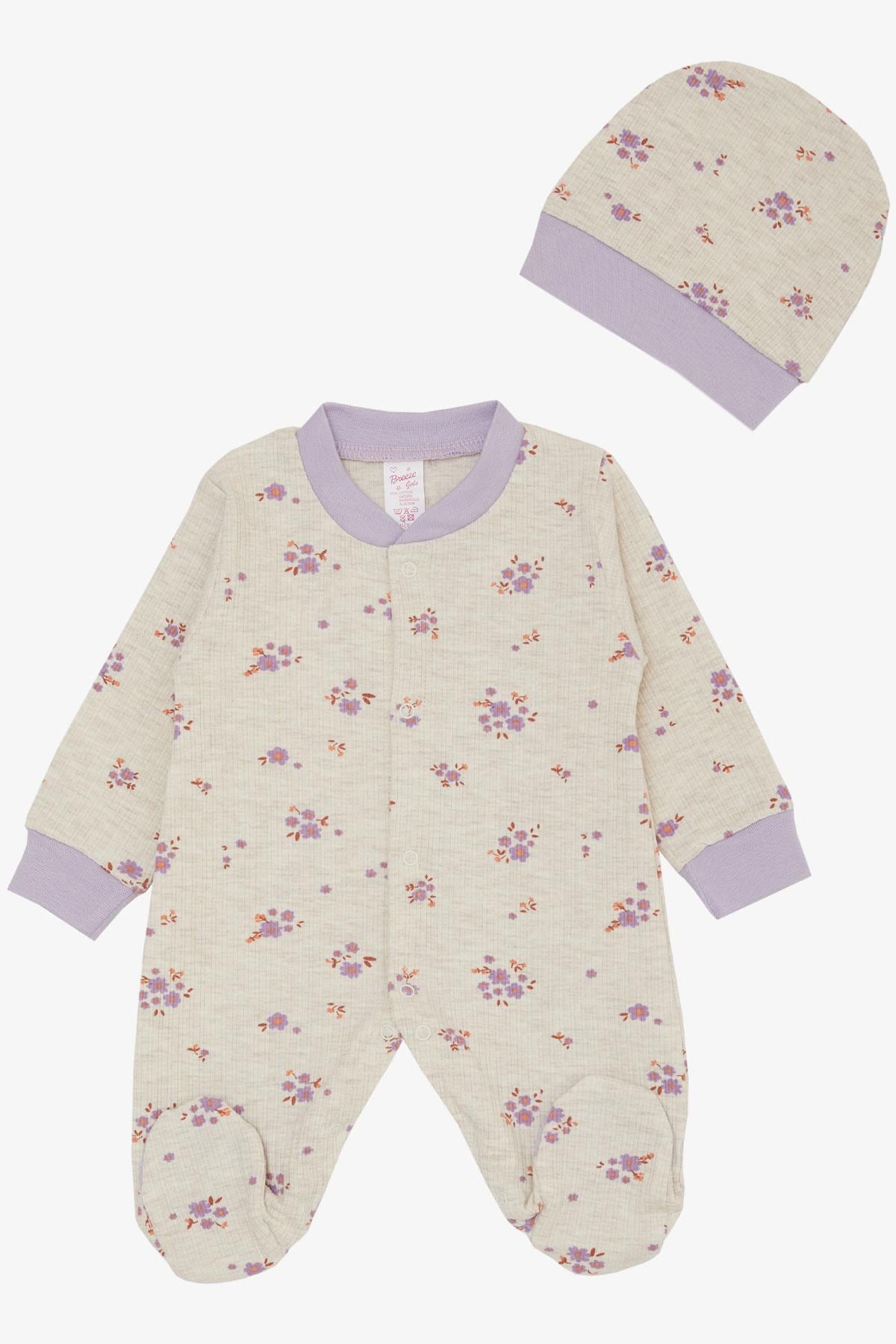 Breeze Kız Bebek Patikli Tulum Çiçek Desenli Bej Melanj (0-6 Ay)