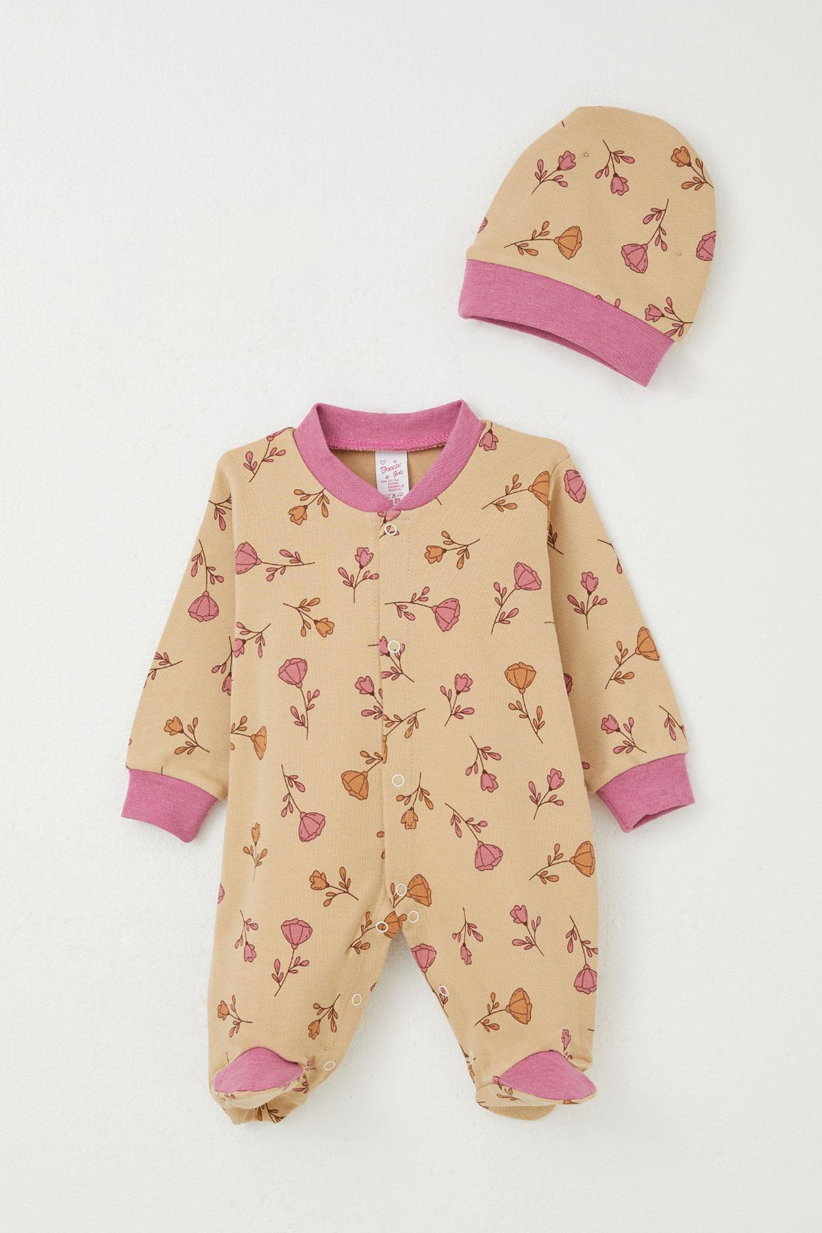 Breeze Kız Bebek Patikli Tulum Çiçek Desenli Açık Kahverengi (0-6 Ay)