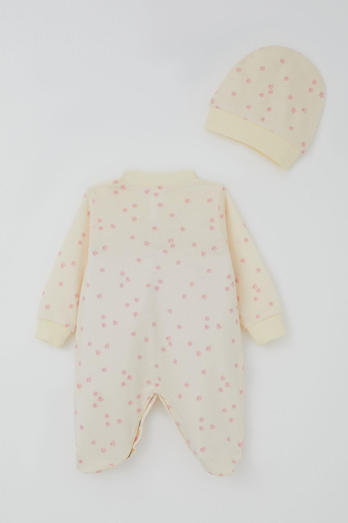Breeze Kız Bebek Patikli Tulum Çiçek Desenli Krem (0-6 Ay)