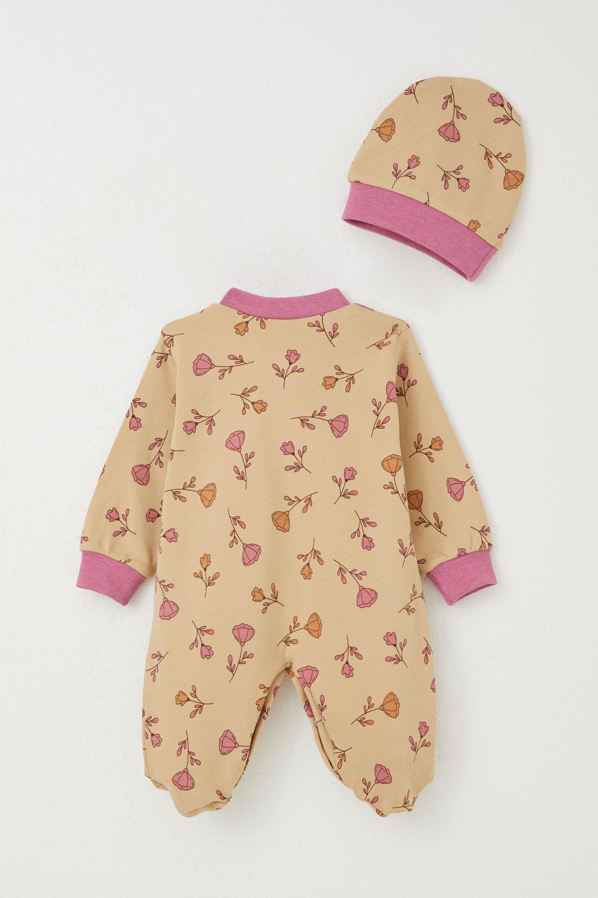 Breeze Kız Bebek Patikli Tulum Çiçek Desenli Açık Kahverengi (0-6 Ay)