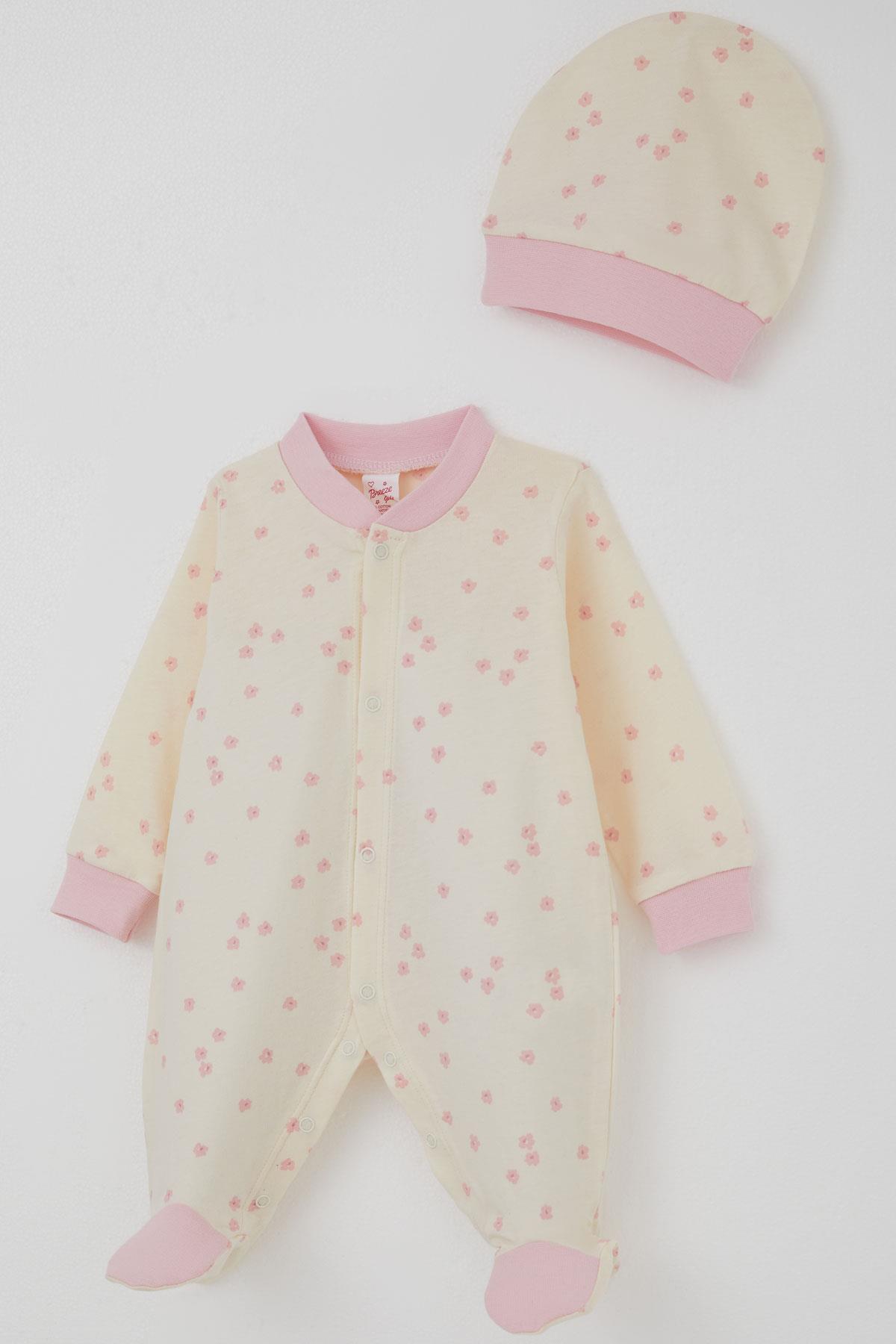 Breeze Kız Bebek Patikli Tulum Çiçek Desenli Krem (0-6 Ay)
