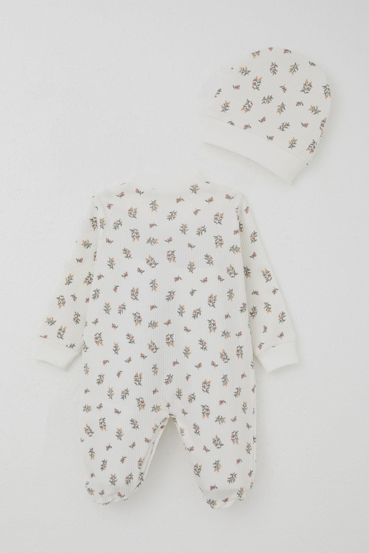 Breeze Kız Bebek Patikli Tulum Çiçek Desenli Ekru (0-6 Ay)