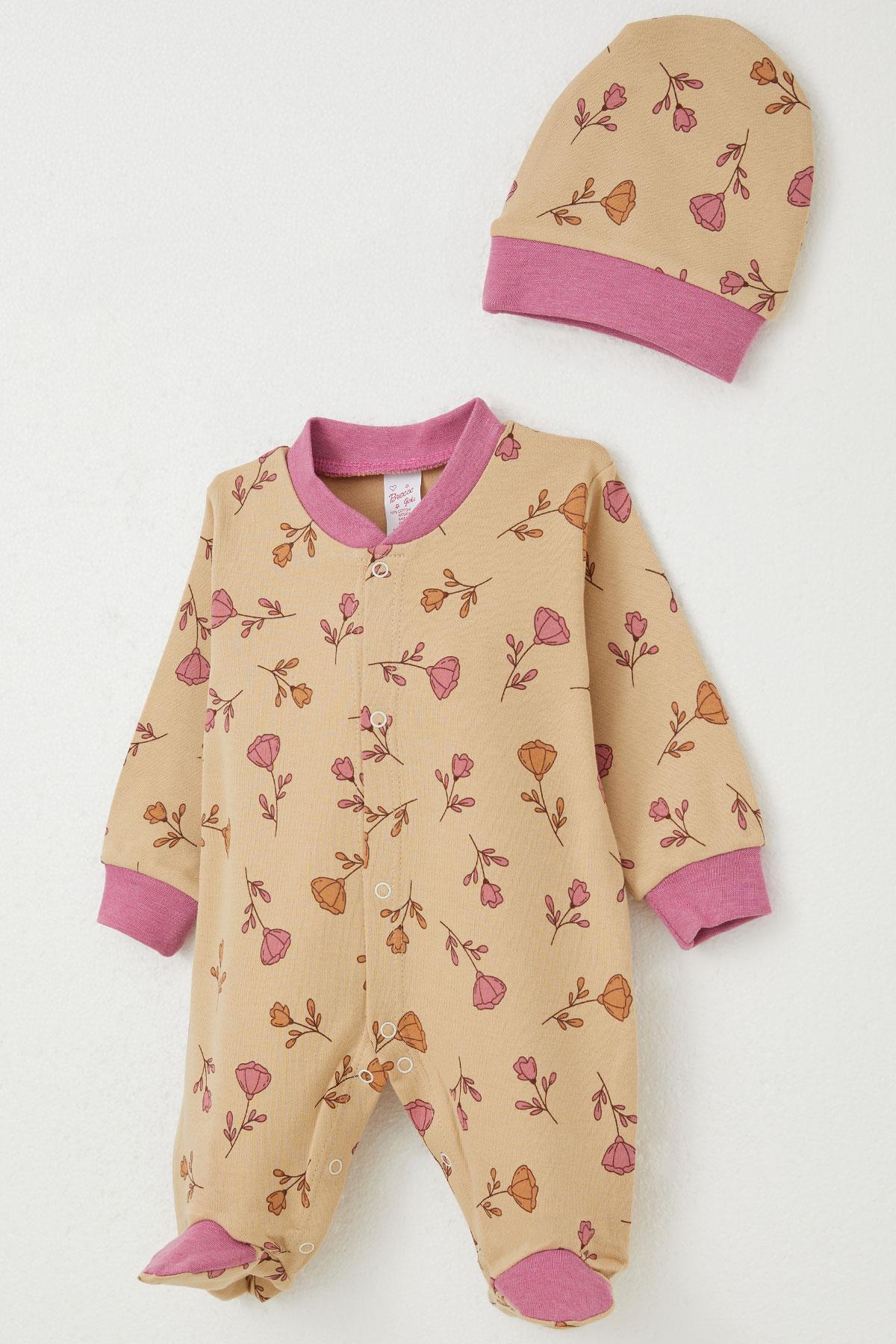 Breeze Kız Bebek Patikli Tulum Çiçek Desenli Açık Kahverengi (0-6 Ay)
