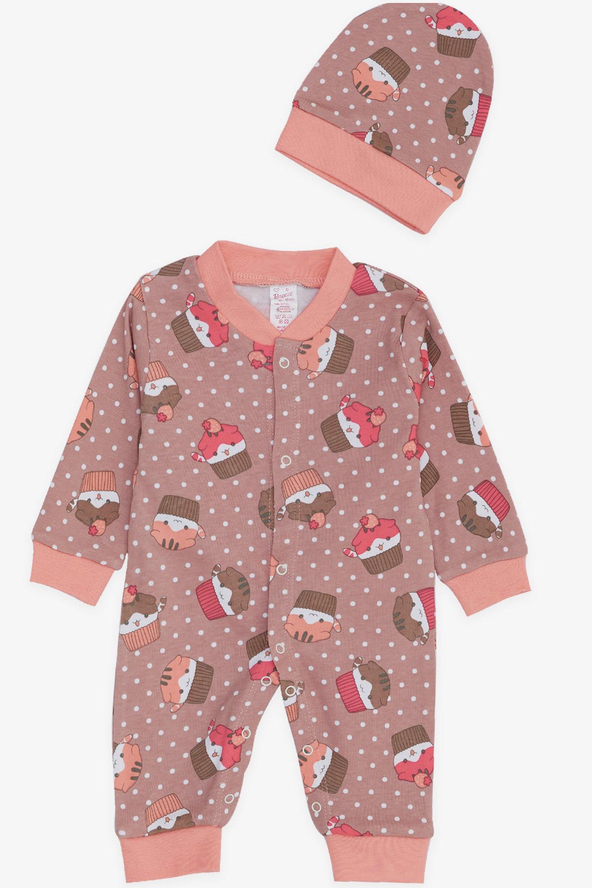Breeze Kız Bebek Patikli Tulum Cupcake Sevimli Kedicik Desenli Puantiyeli Açık Kahverengi (0-3 Ay-6 Ay)