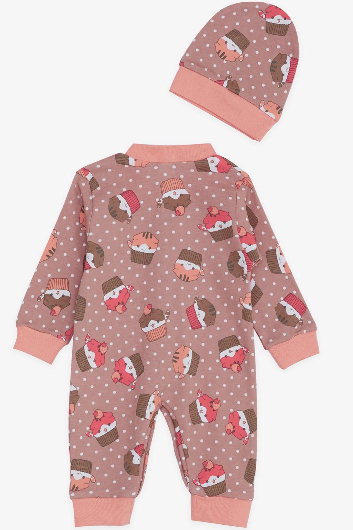 Breeze Kız Bebek Patikli Tulum Cupcake Sevimli Kedicik Desenli Puantiyeli Açık Kahverengi (0-3 Ay-6 Ay)