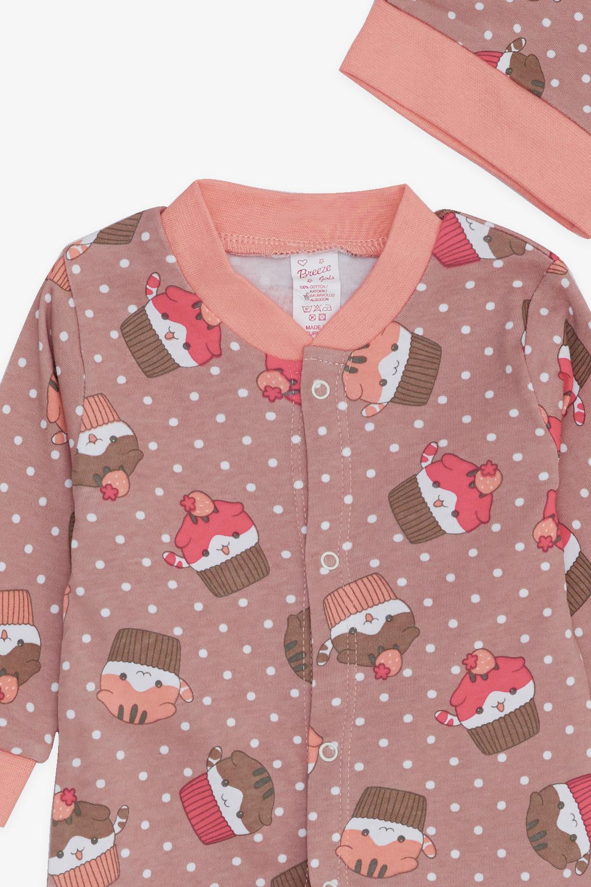 Breeze Kız Bebek Patikli Tulum Cupcake Sevimli Kedicik Desenli Puantiyeli Açık Kahverengi (0-3 Ay-6 Ay)