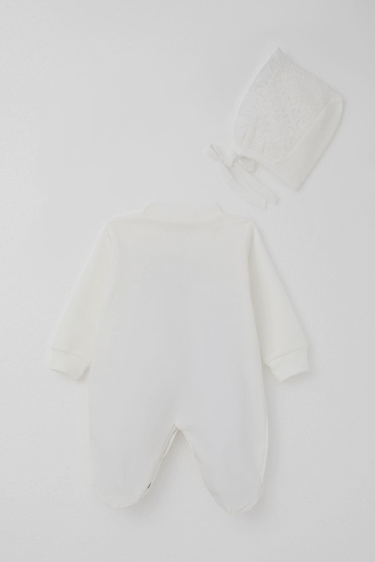 Breeze Kız Bebek Patikli Tulum Dantel Detaylı Çiçek Nakışlı Ekru (0-6 Ay)