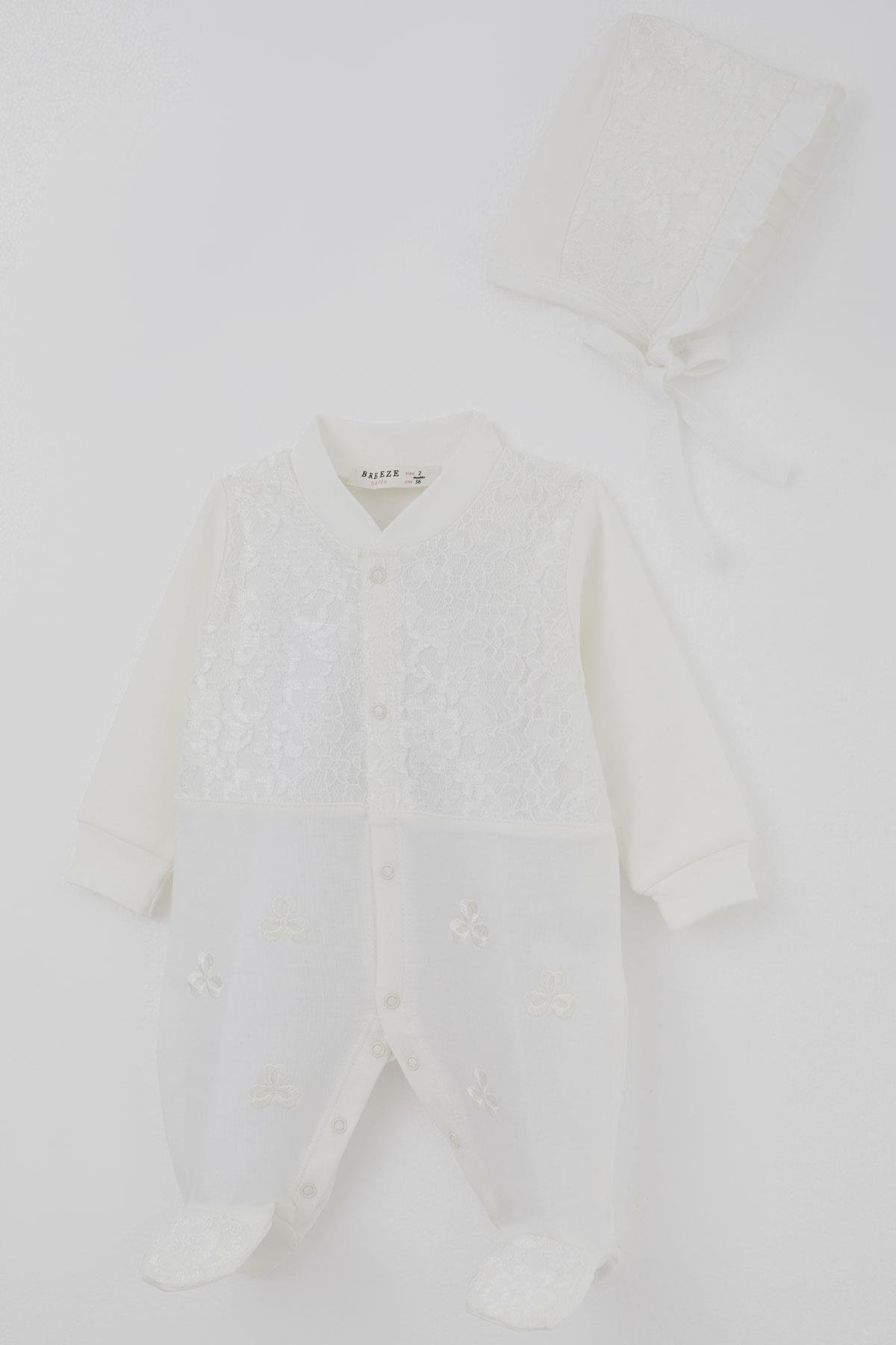 Breeze Kız Bebek Patikli Tulum Dantel Detaylı Çiçek Nakışlı Ekru (0-6 Ay)