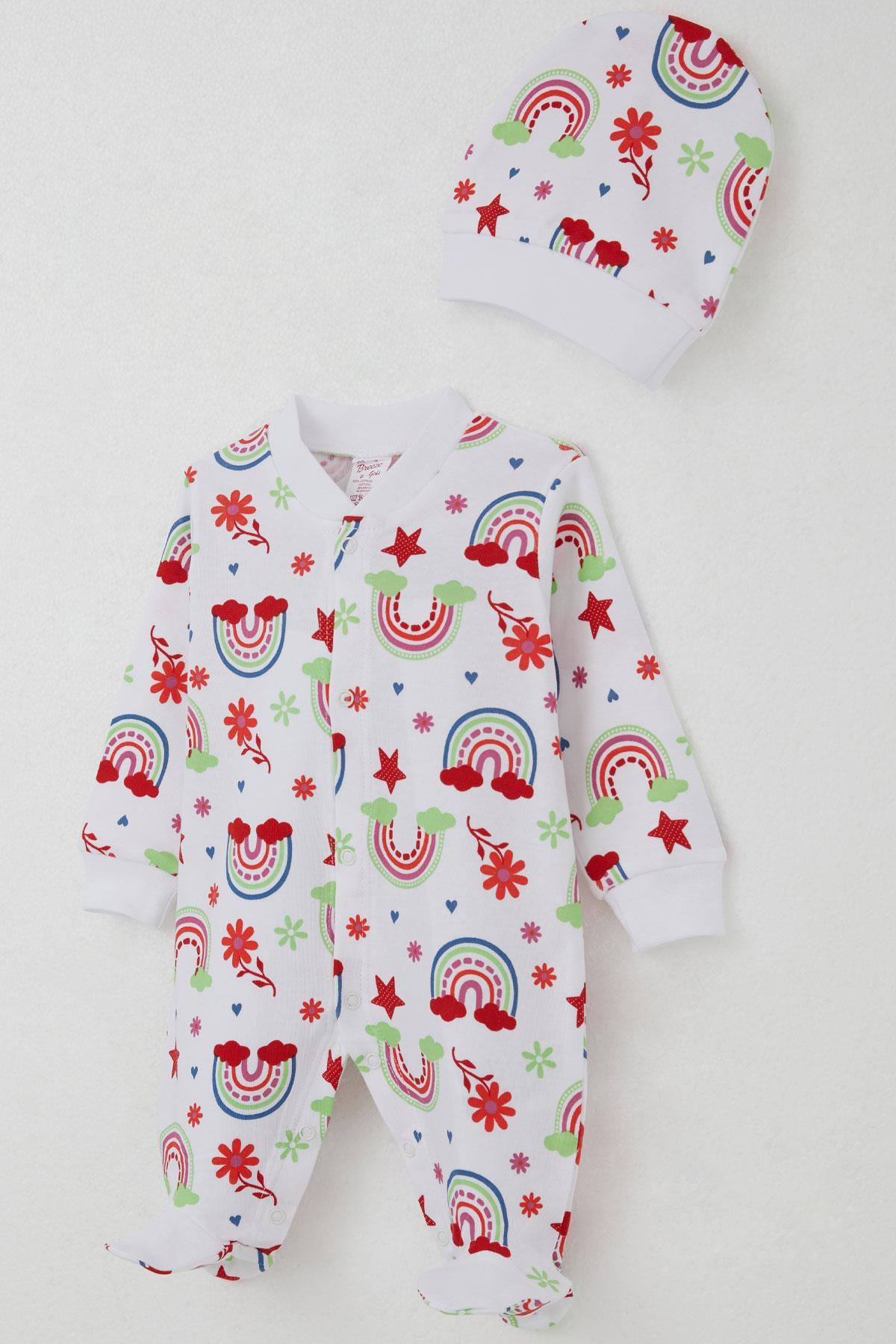 Breeze Kız Bebek Patikli Tulum Gökkuşağı Masalı Çiçek Desenli Beyaz (0-6 Ay)