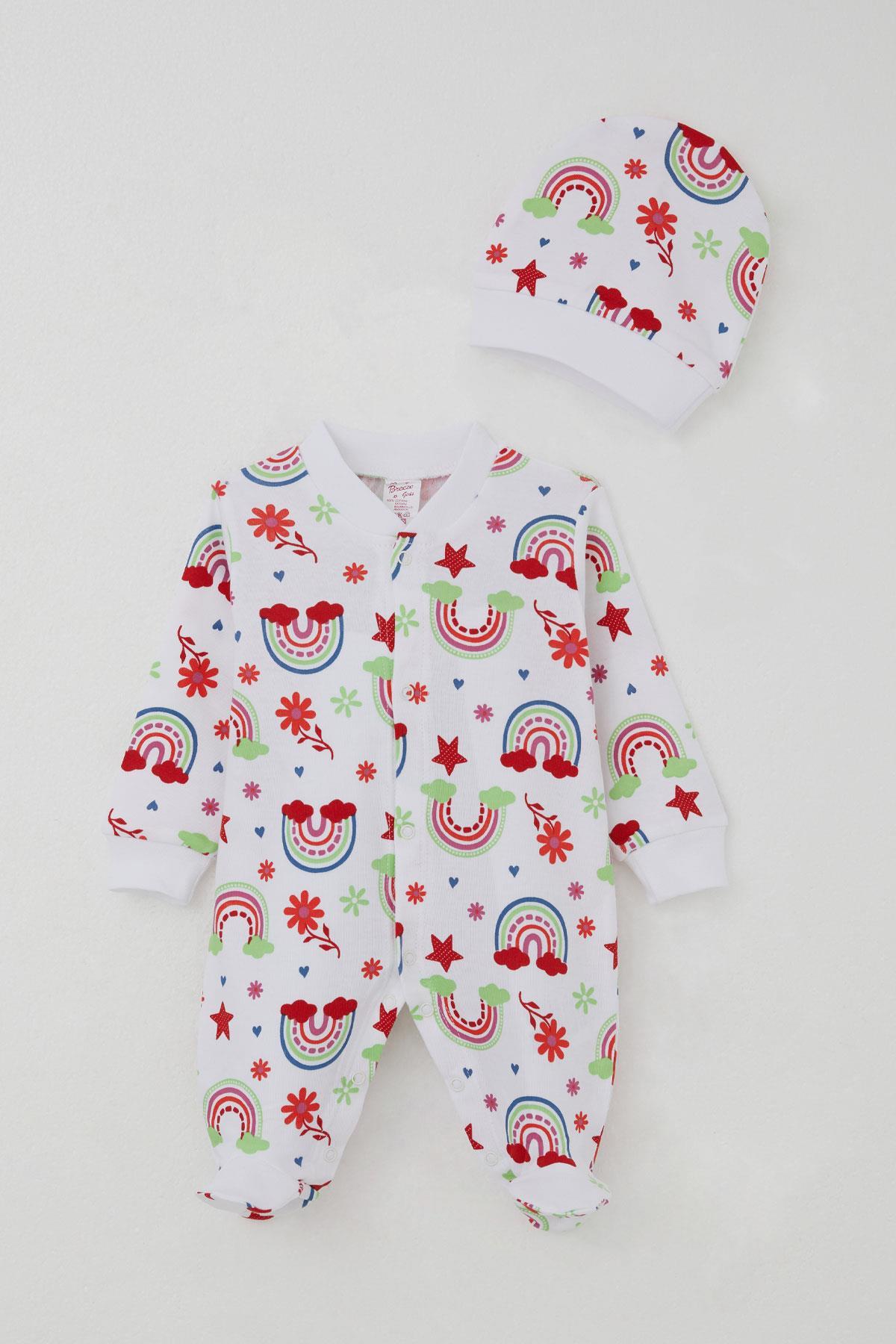 Breeze Kız Bebek Patikli Tulum Gökkuşağı Masalı Çiçek Desenli Beyaz (0-6 Ay)