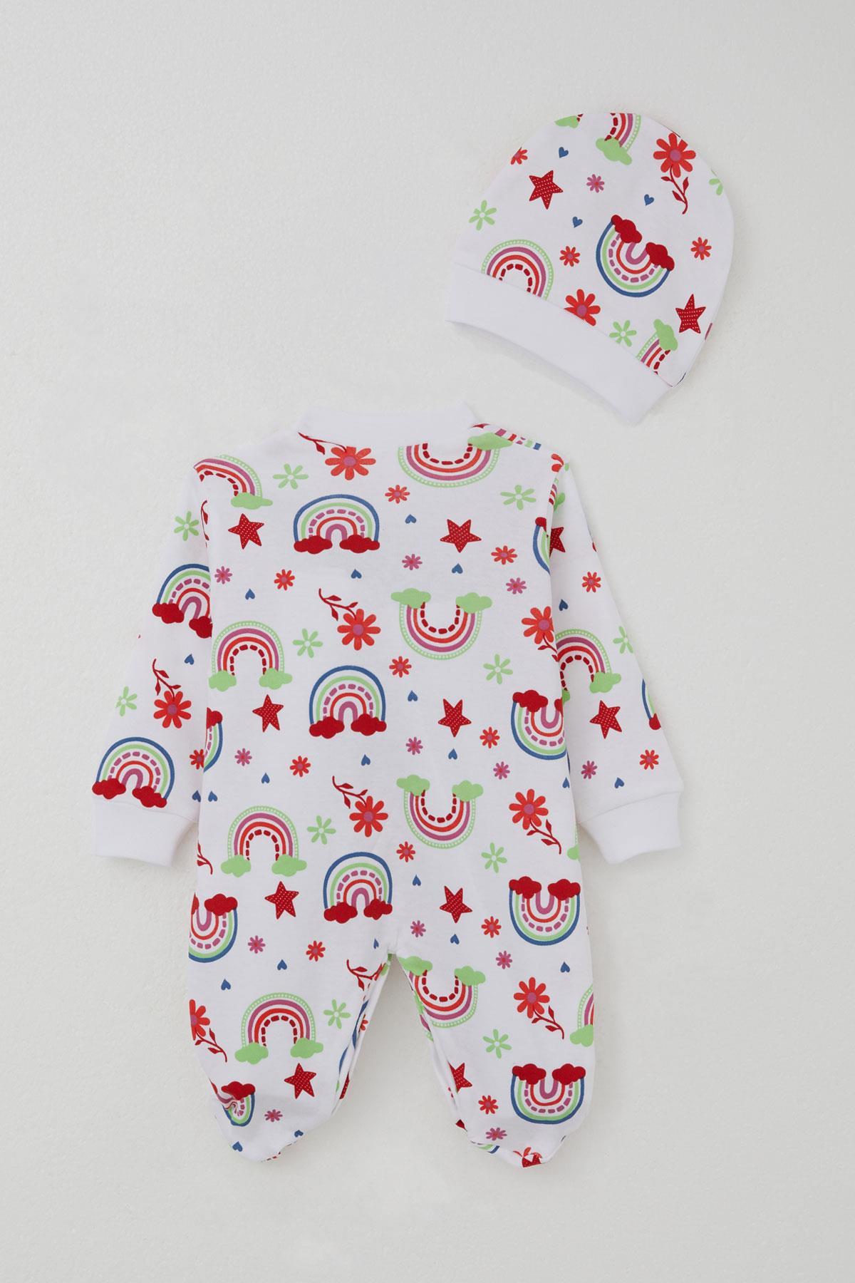 Breeze Kız Bebek Patikli Tulum Gökkuşağı Masalı Çiçek Desenli Beyaz (0-6 Ay)