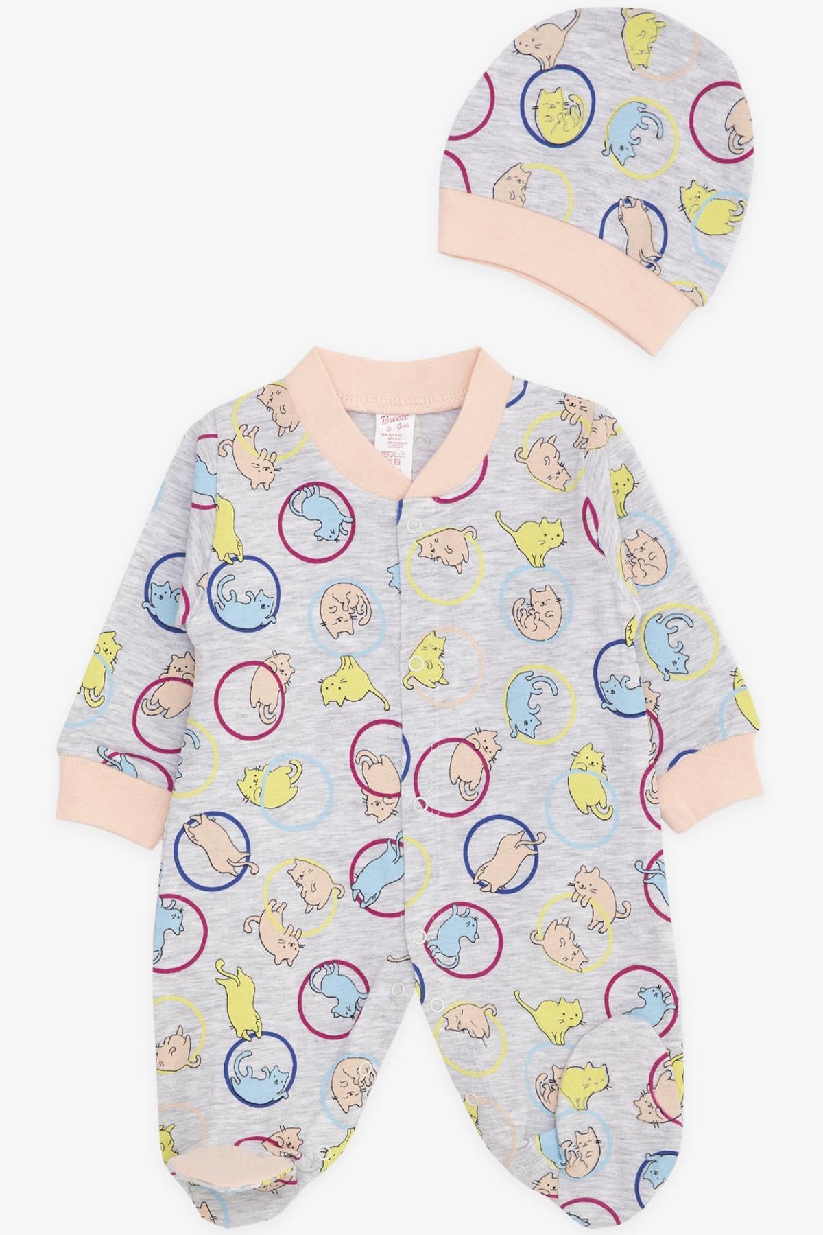 Breeze Kız Bebek Patikli Tulum Hareketli Sevimli Kedicik Desenli Açık Gri Melanj (0-3 Ay-6 Ay)