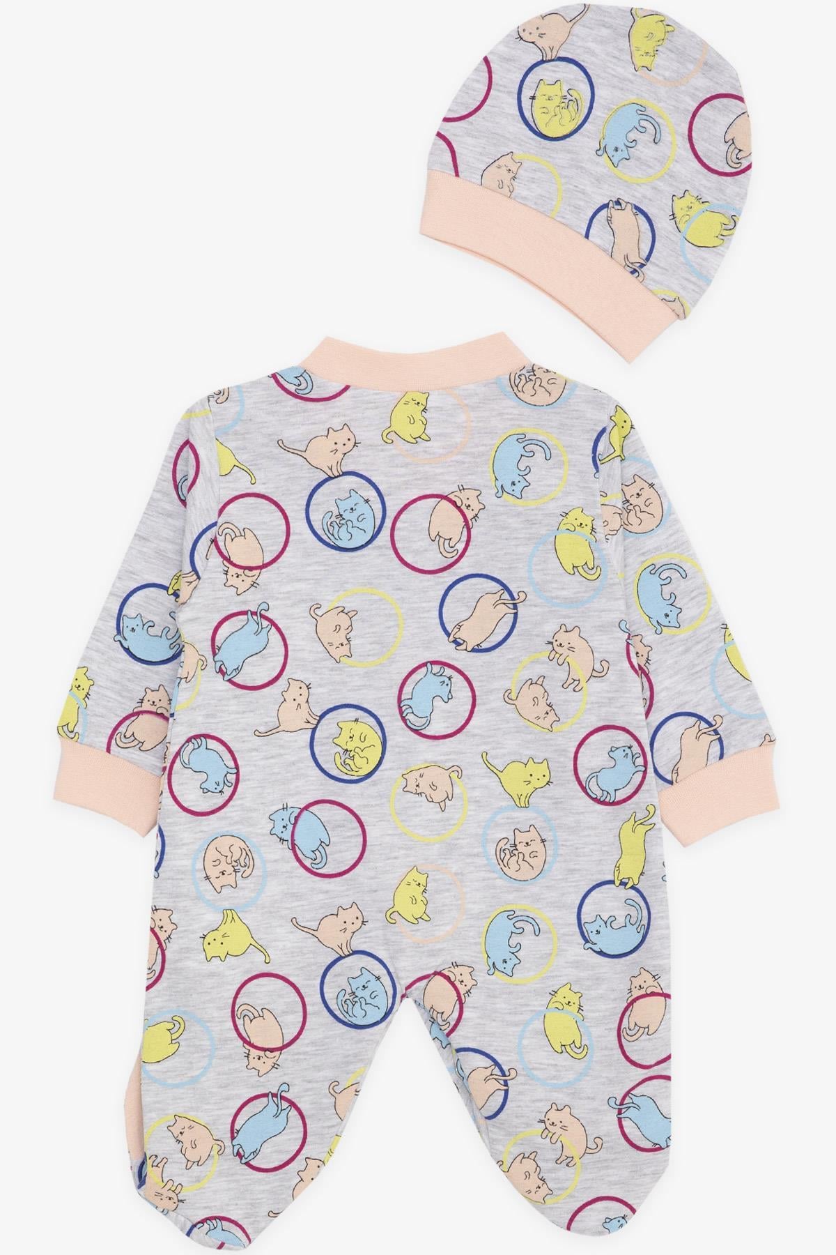 Breeze Kız Bebek Patikli Tulum Hareketli Sevimli Kedicik Desenli Açık Gri Melanj (0-3 Ay-6 Ay)