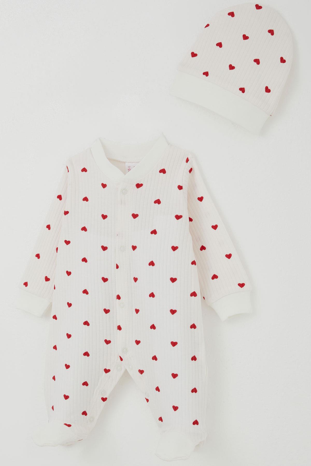 Breeze Kız Bebek Patikli Tulum Kalp Desenli Ekru (0-6 Ay)