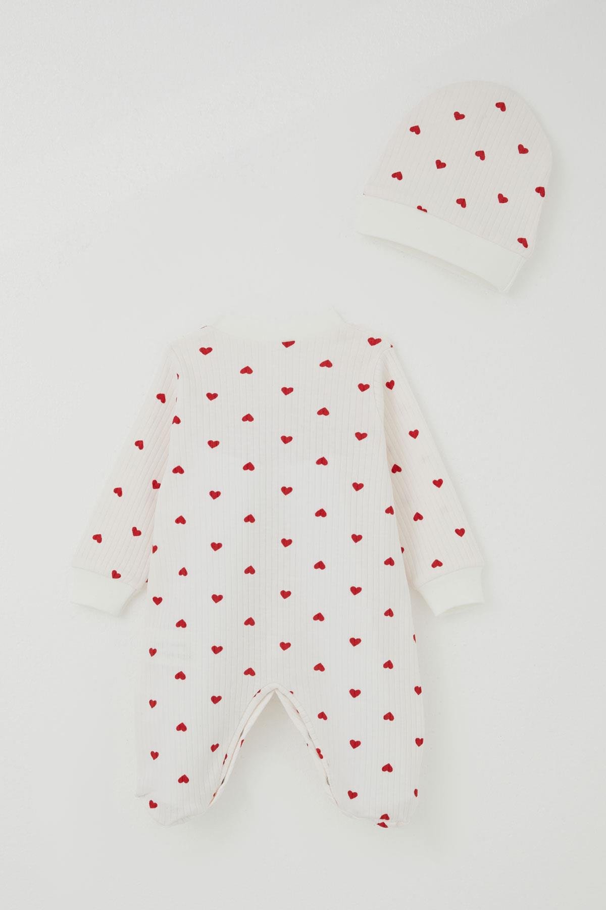 Breeze Kız Bebek Patikli Tulum Kalp Desenli Ekru (0-6 Ay)