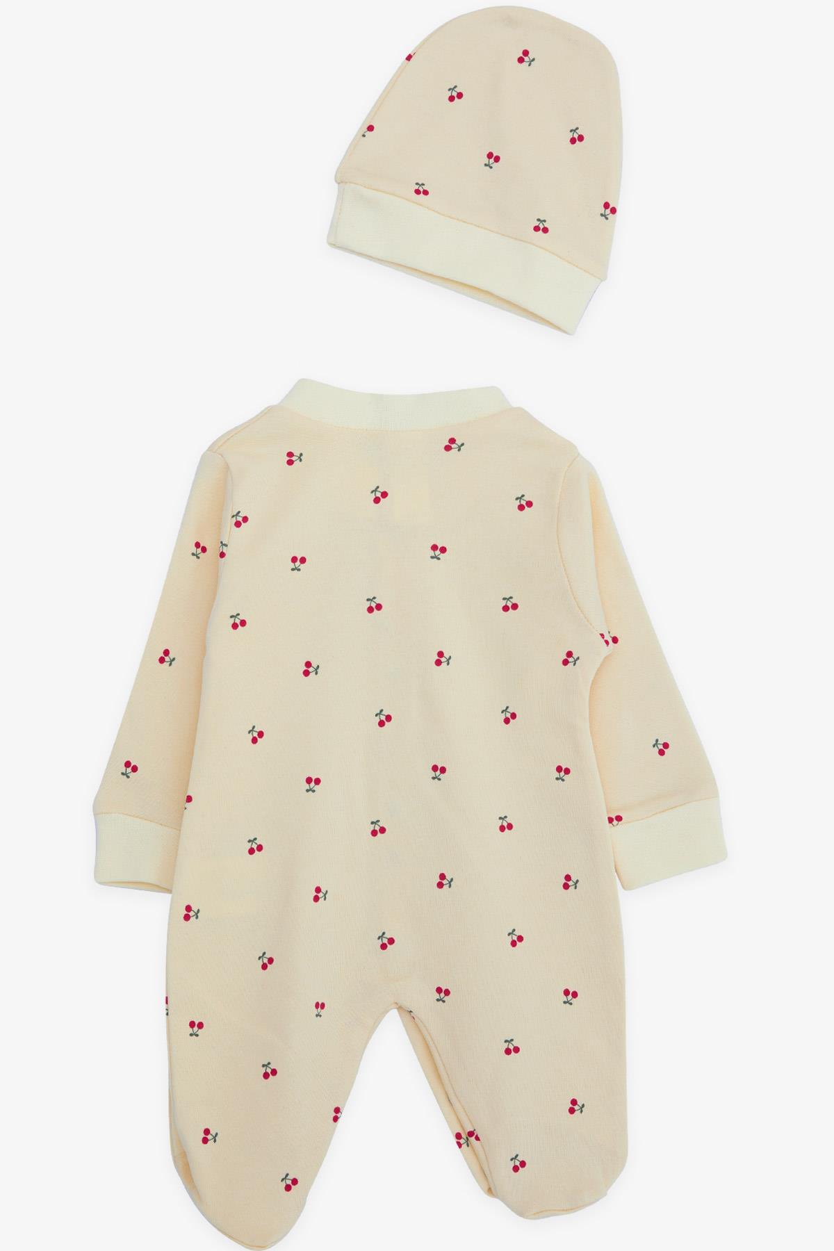 Breeze Kız Bebek Patikli Tulum Kİraz Desenli Krem (0-3 Ay-6 Ay)