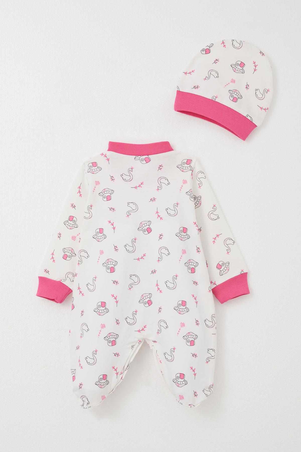 Breeze Kız Bebek Patikli Tulum Mantar Ev & Prenses Kuğu Desenli Beyaz (0-6 Ay)