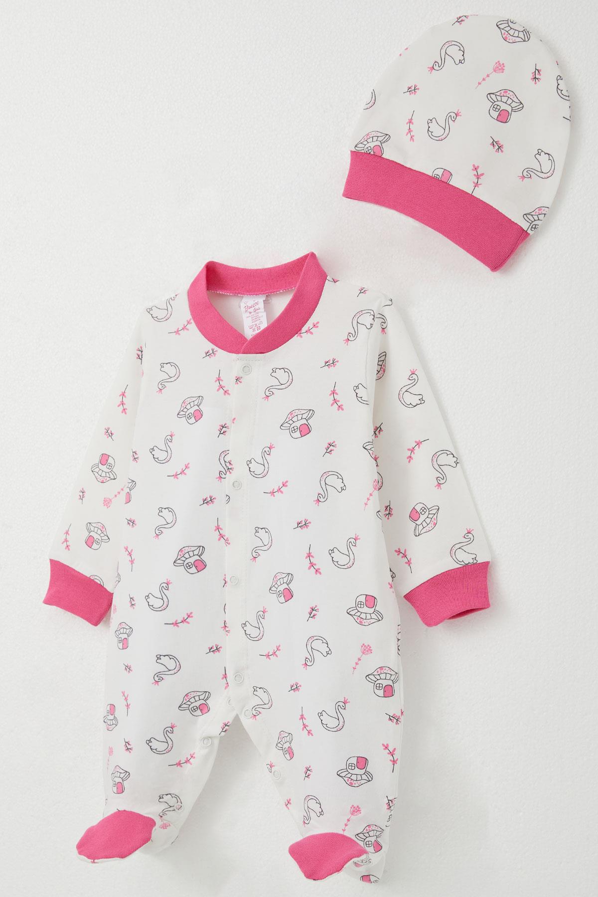 Breeze Kız Bebek Patikli Tulum Mantar Ev & Prenses Kuğu Desenli Beyaz (0-6 Ay)