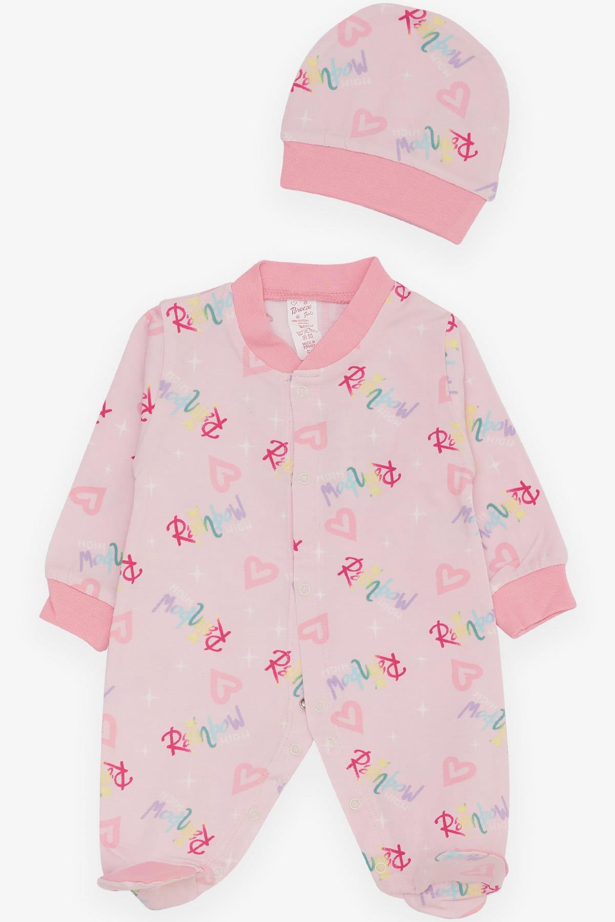 Breeze Kız Bebek Patikli Tulum Renkli Yazı Desenli Pembe (0-3 Ay-6 Ay)
