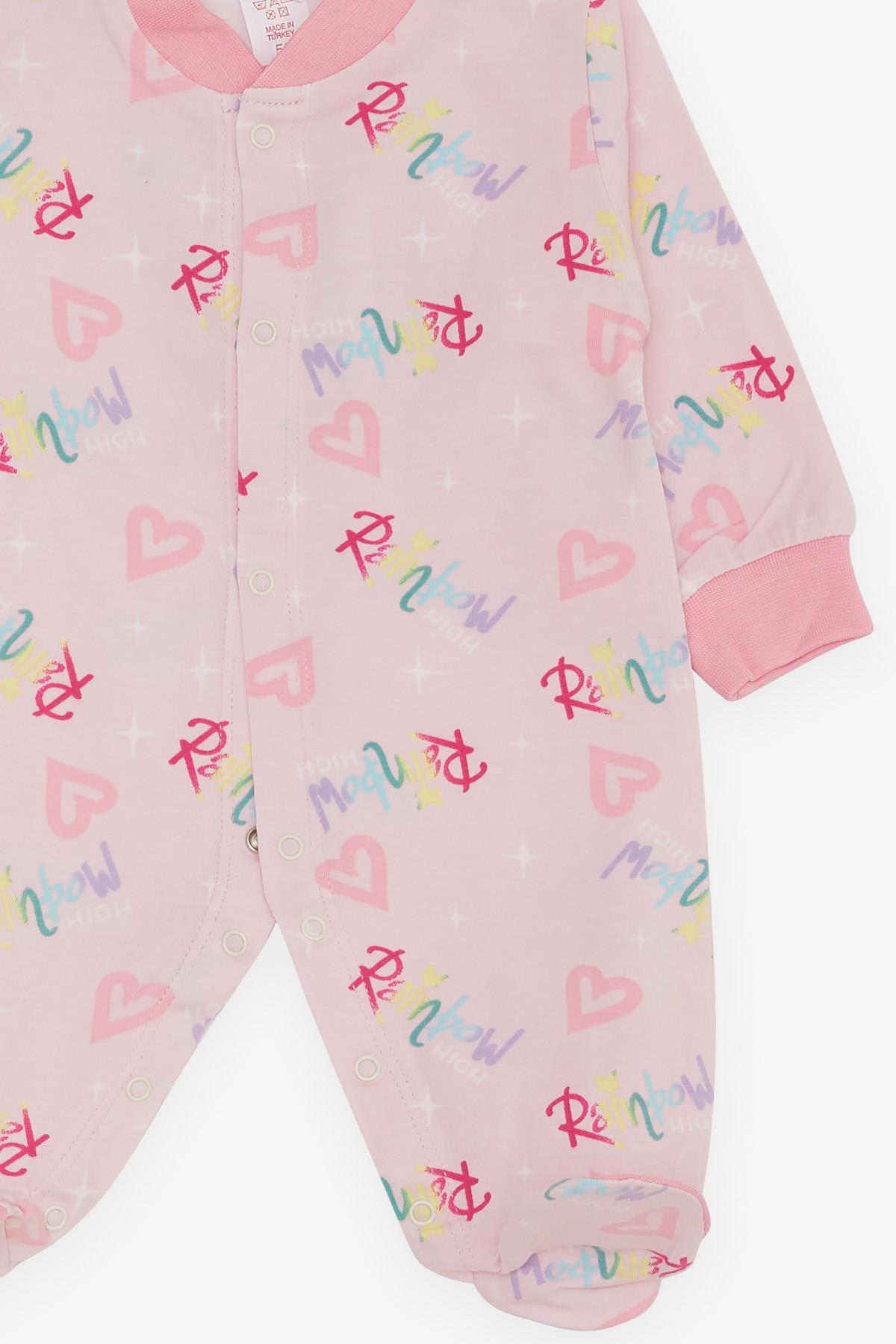 Breeze Kız Bebek Patikli Tulum Renkli Yazı Desenli Pembe (0-3 Ay-6 Ay)