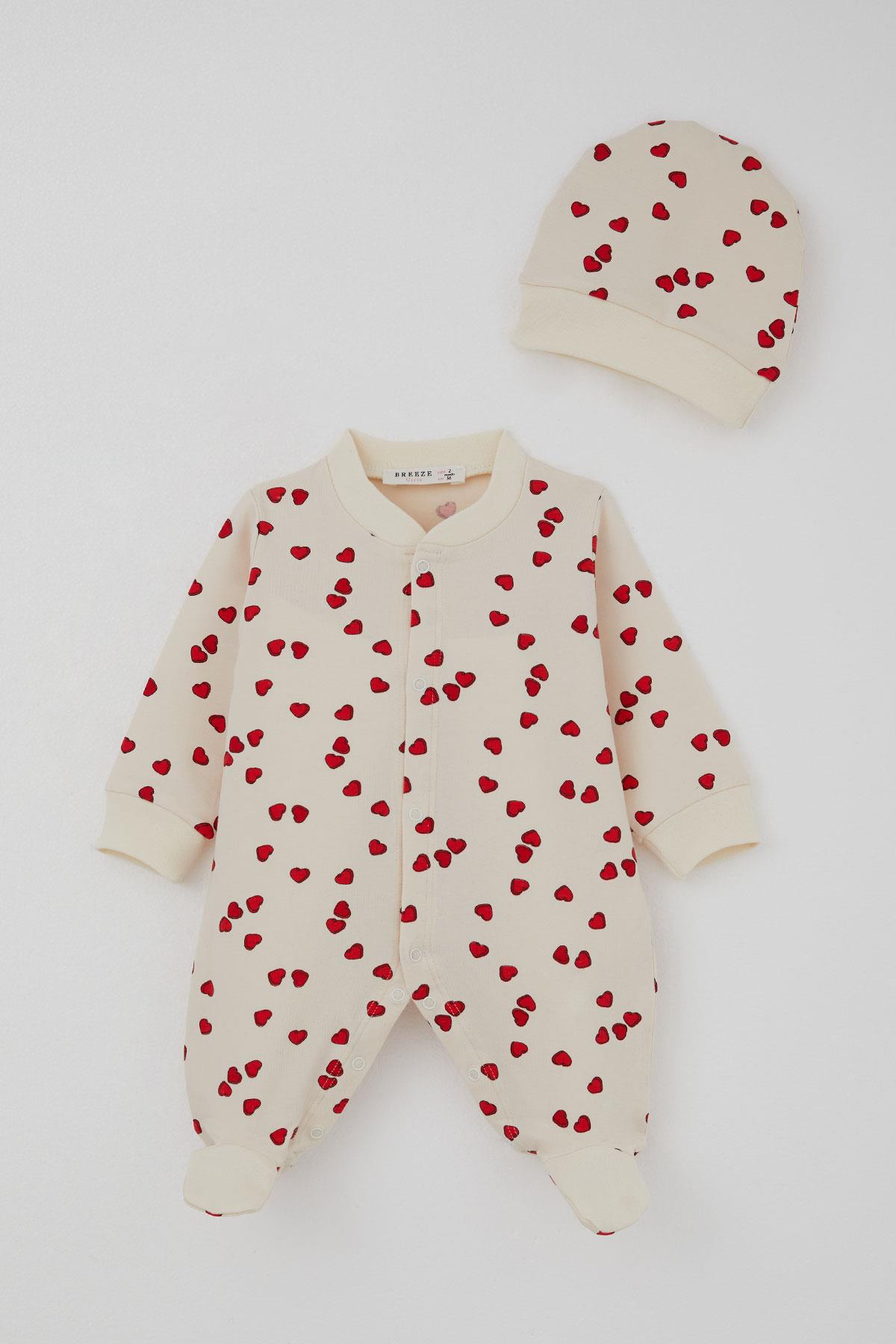 Breeze Kız Bebek Patikli Tulum Sevgi Temalı Kalp Desenli Krem (0-6 Ay)