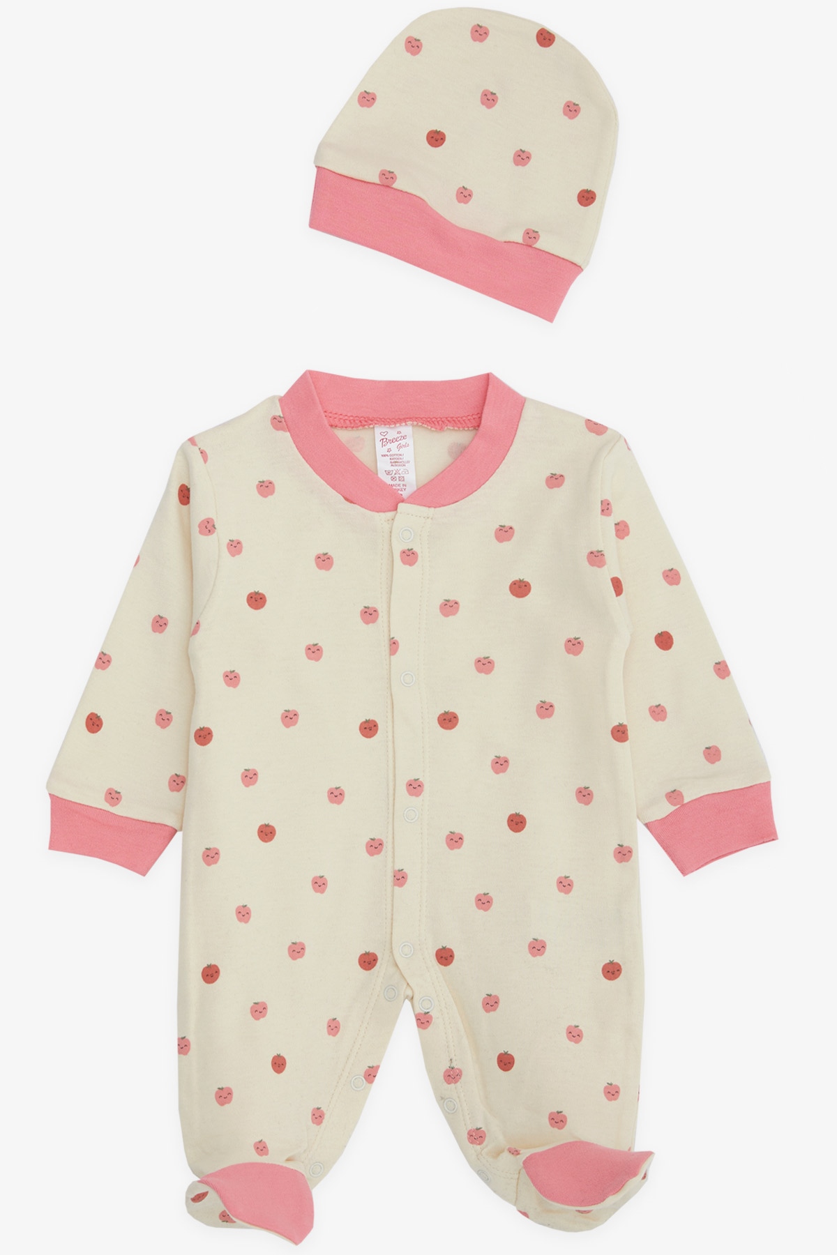 Breeze Kız Bebek Patikli Tulum Sevimli Elmacık Desenli Krem (0-3 Ay-6 Ay)