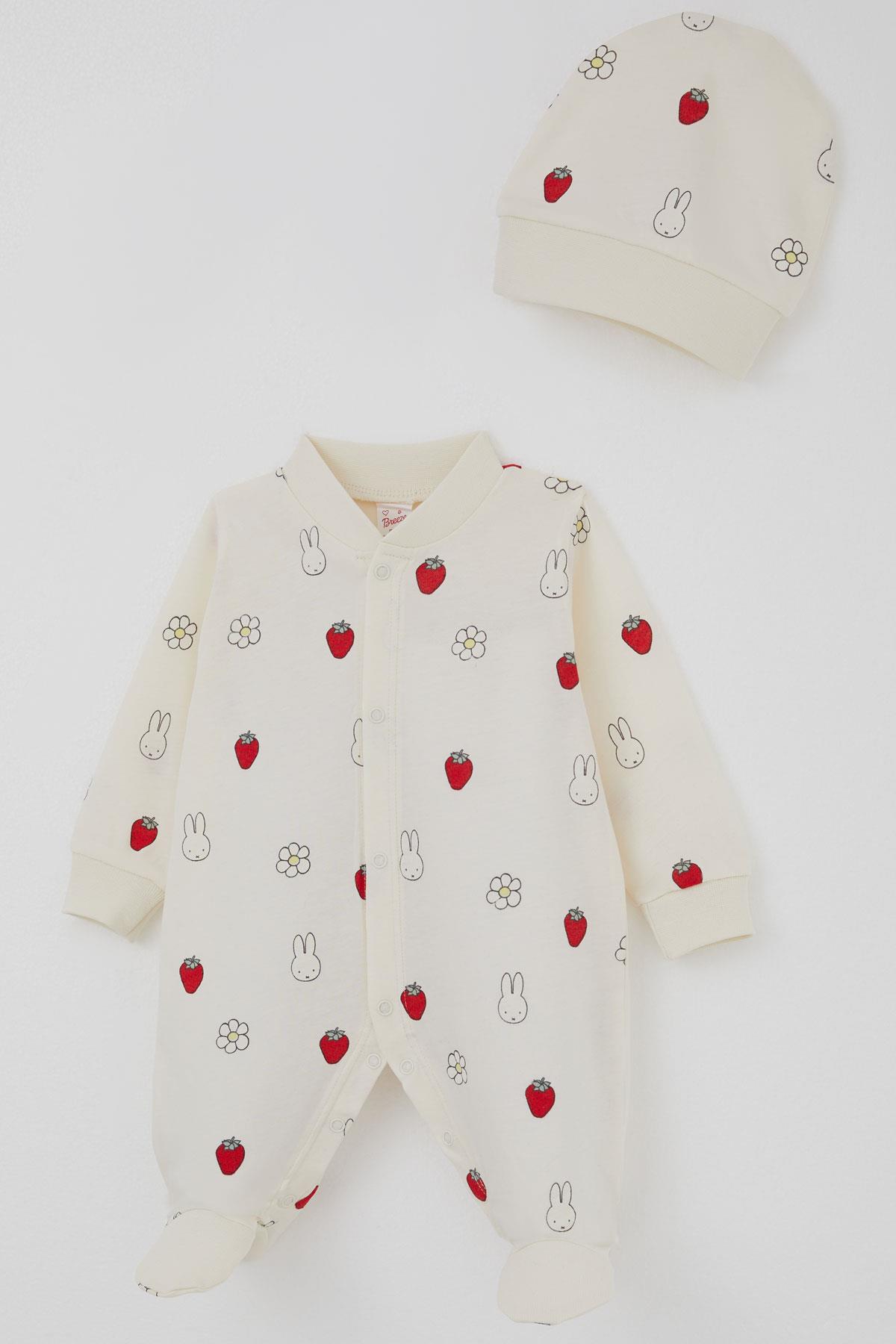 Breeze Kız Bebek Patikli Tulum Sevimli Tavşancık & Çilek Desenli Ekru (0-6 Ay)