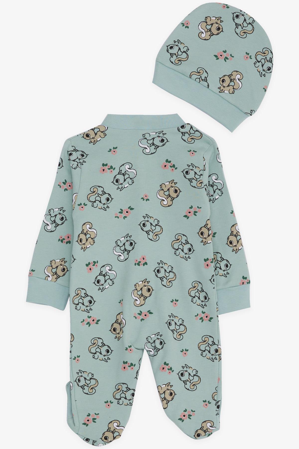 Breeze Kız Bebek Patikli Tulum Sincap Desenli Çiçek Baskılı Mint Yeşili (0-3 Ay-6 Ay)