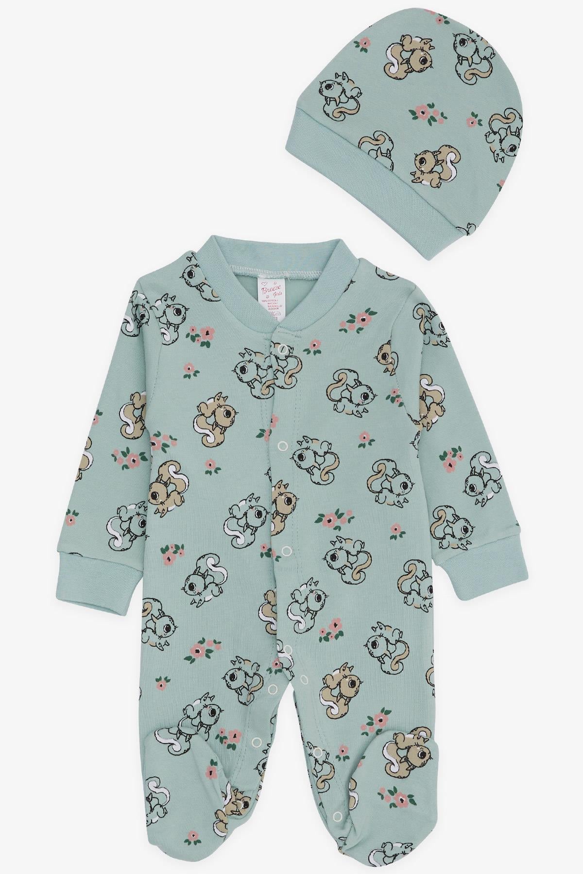 Breeze Kız Bebek Patikli Tulum Sincap Desenli Çiçek Baskılı Mint Yeşili (0-3 Ay-6 Ay)