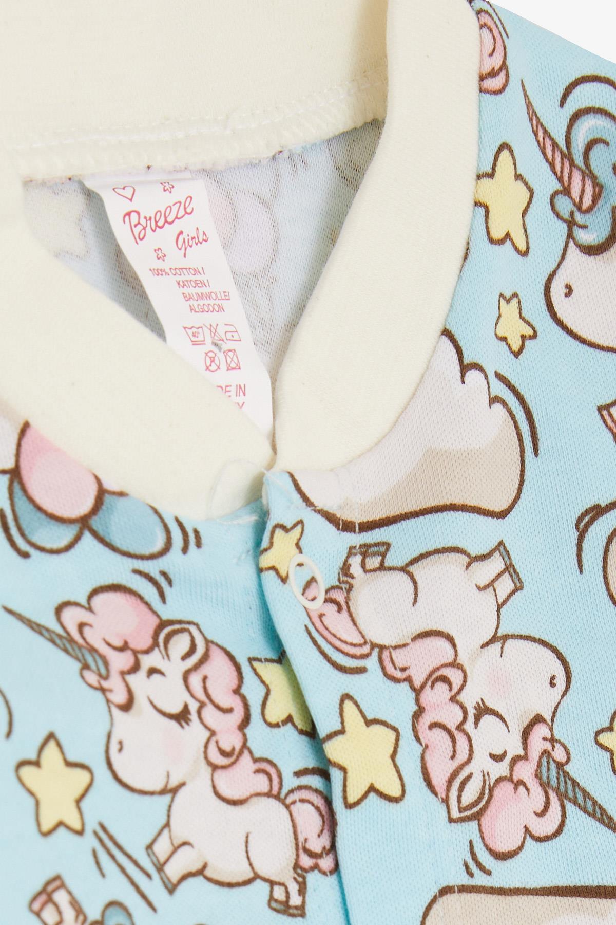 Breeze Kız Bebek Patikli Tulum Unicorn Desenli Gökyüzü Temalı Açık Mavi (0-3 Ay-6 Ay)