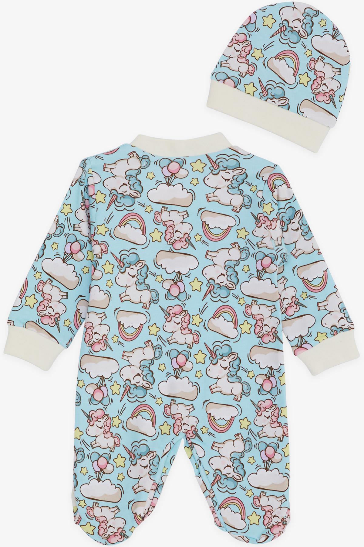Breeze Kız Bebek Patikli Tulum Unicorn Desenli Gökyüzü Temalı Açık Mavi (0-3 Ay-6 Ay)